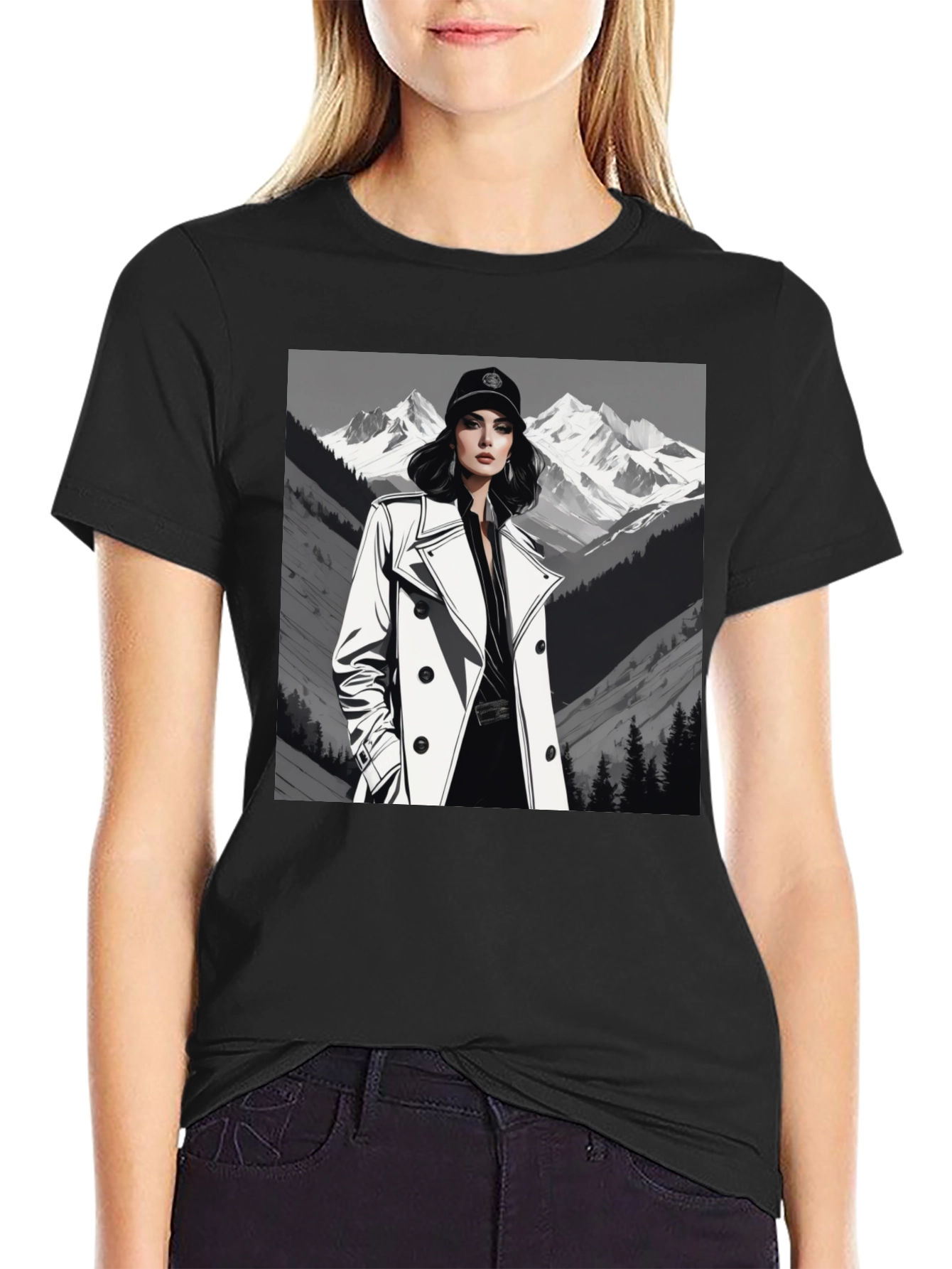 Black Stylish Woman Mountain Tee - Black Cotton Blend view 2
