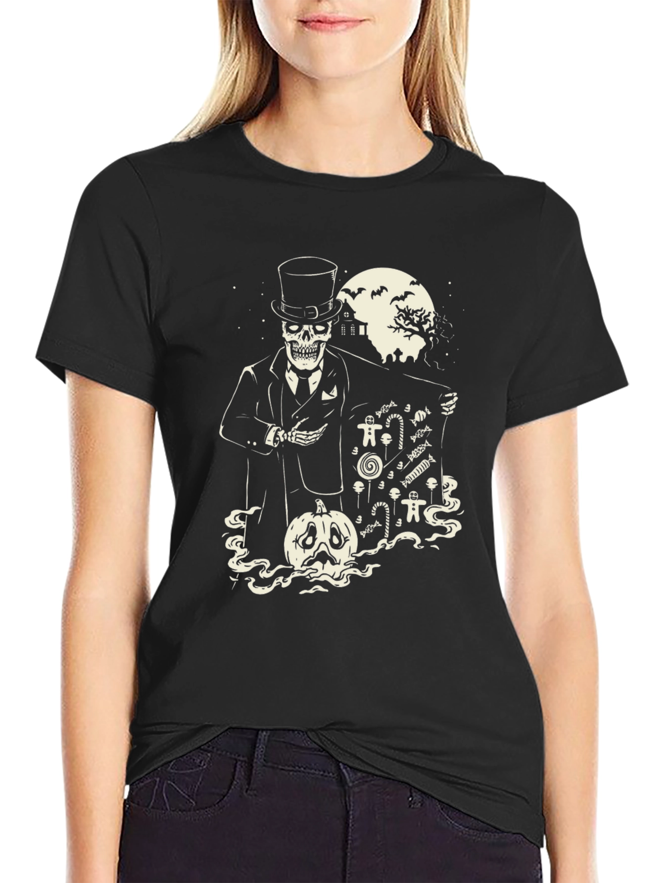 Black Spooky Skeleton Halloween T-Shirt - Candy Pumpkin Design view 2