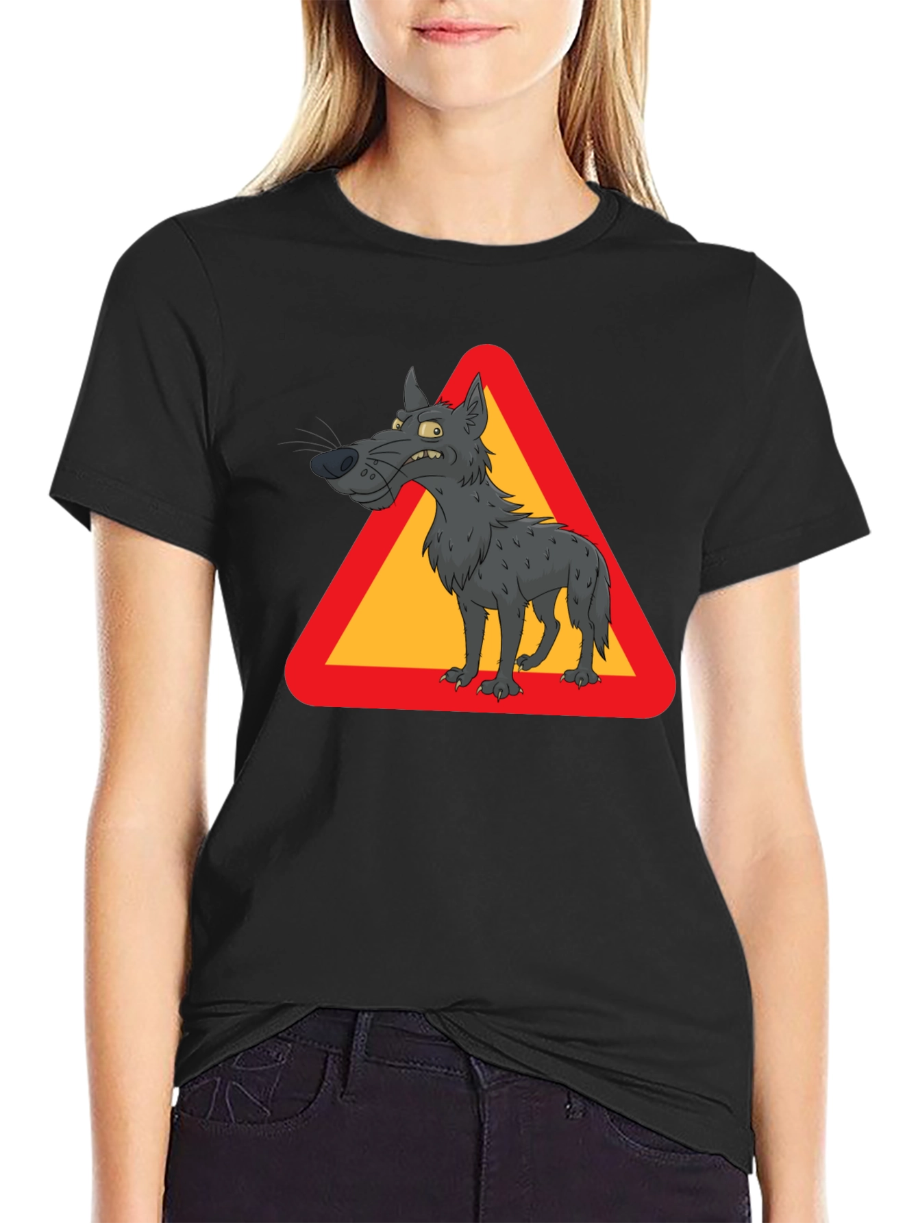 Black Wolf Warning Sign Black T-Shirt view 2