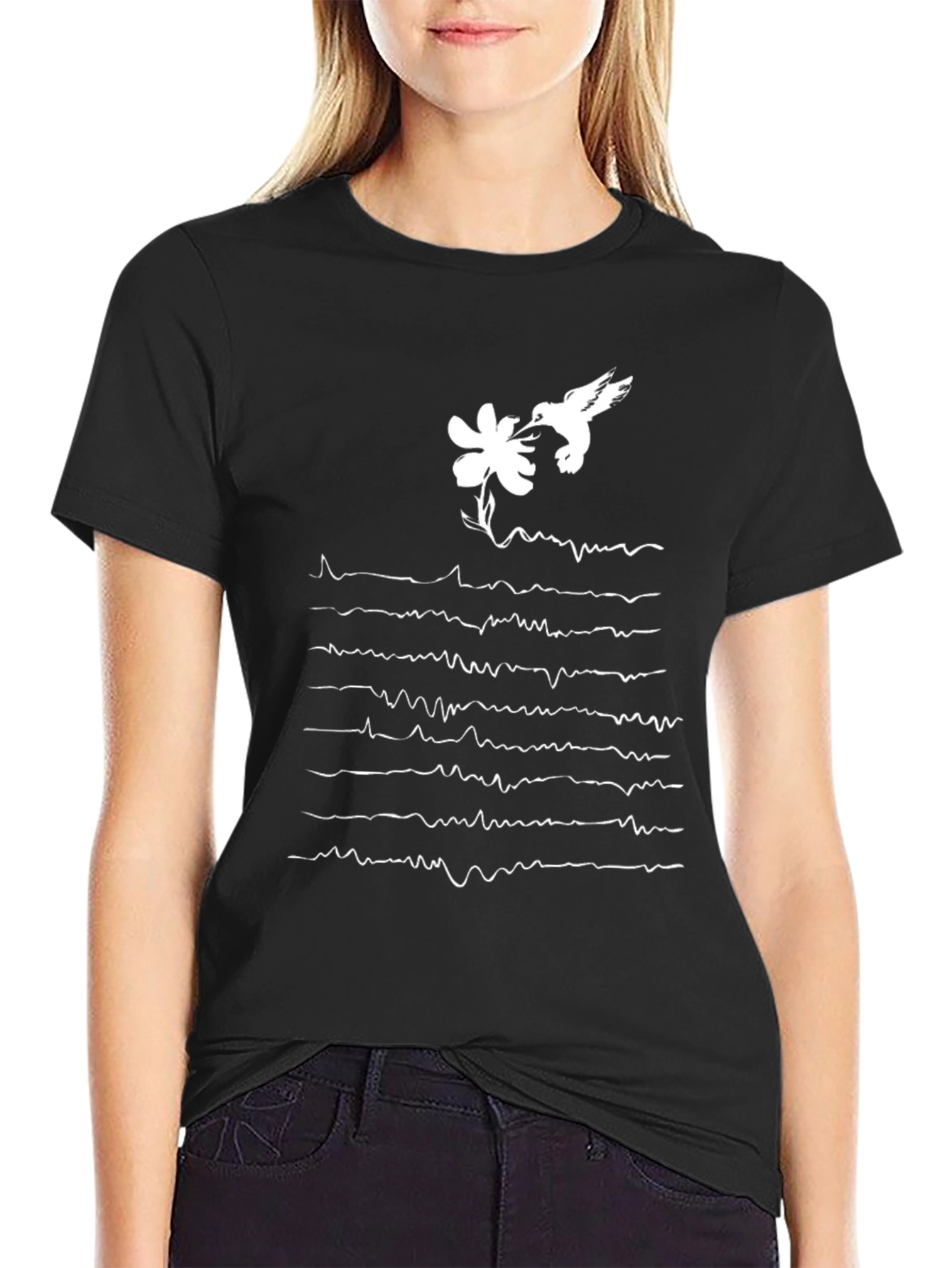 Black Hummingbird & Floral Pulse T-Shirt view 2