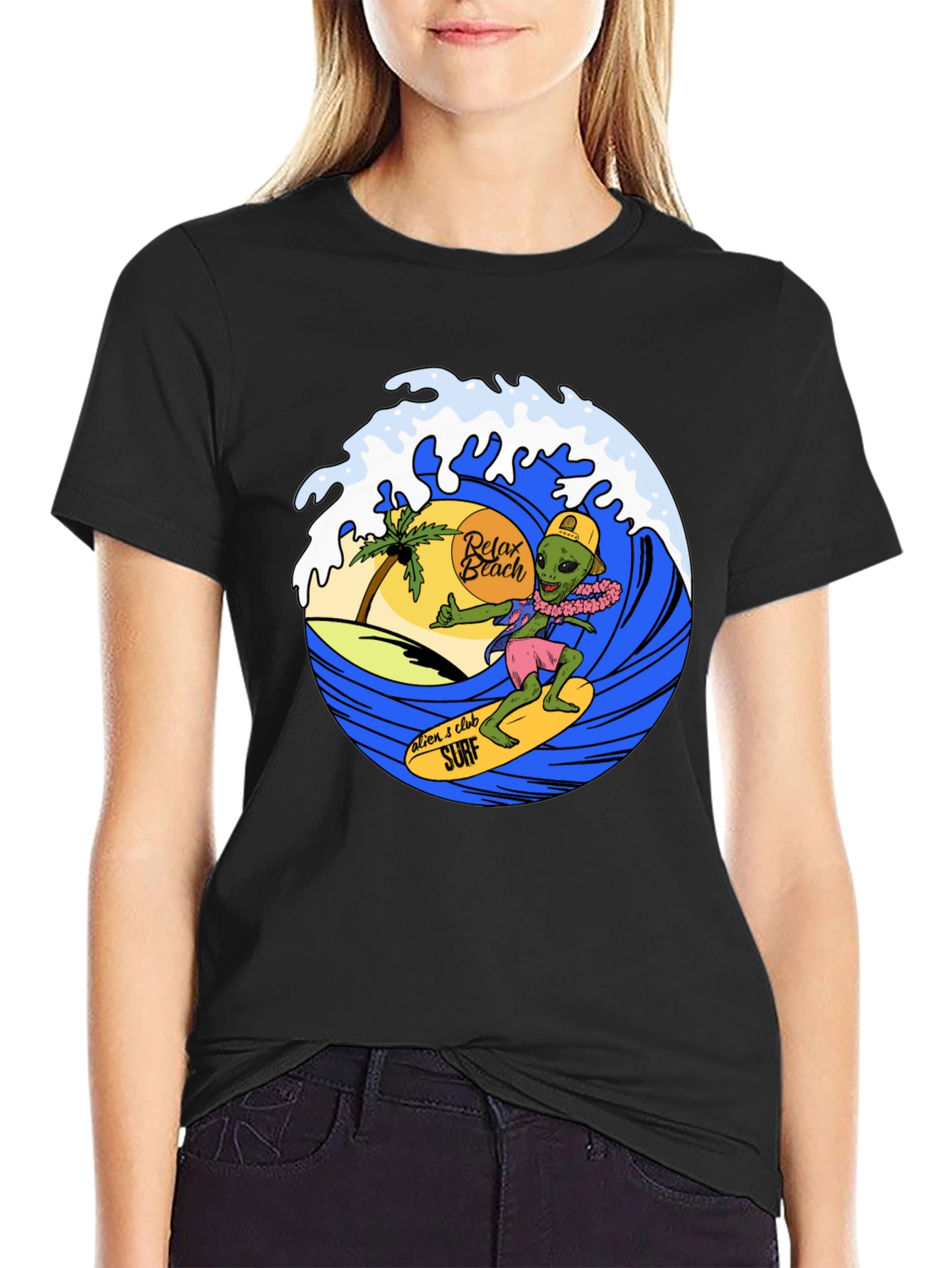 Black Alien Surf T-Shirt - Relax Beach Tee view 2