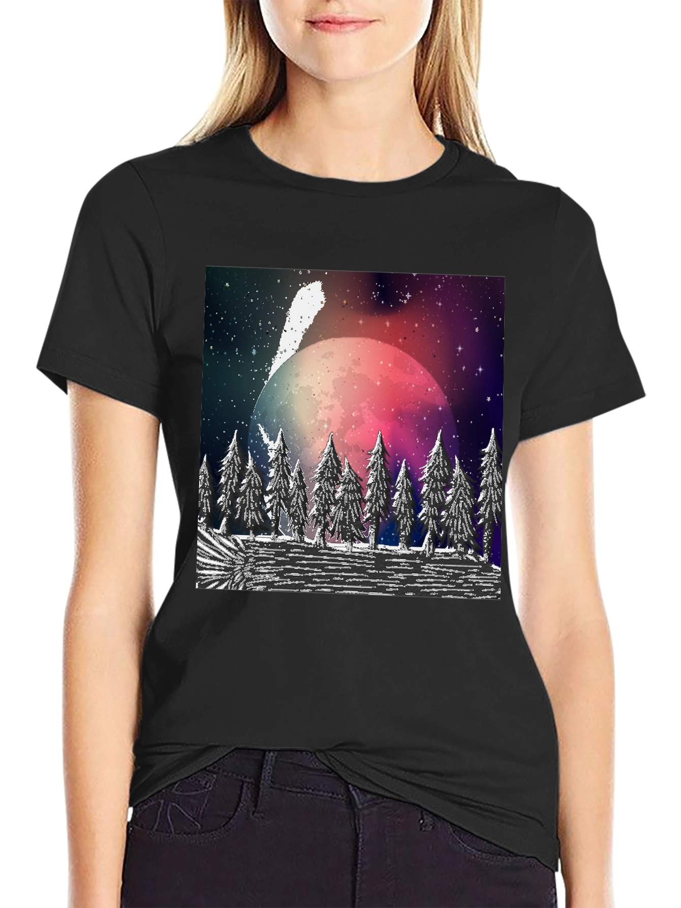 Black Cosmic Forest T-Shirt - Black Crew Neck view 2