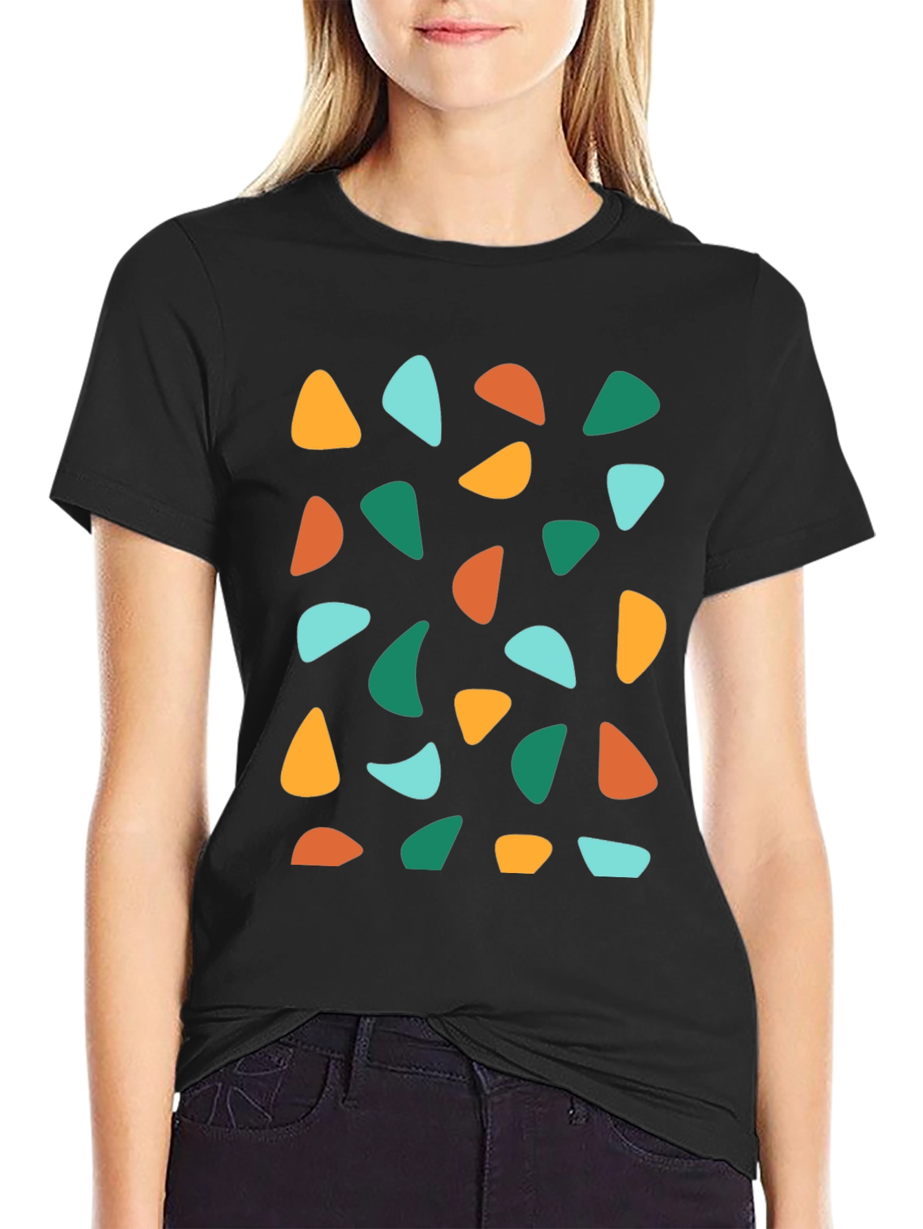 Black Retro Geometric Print Crew Neck T-Shirt view 2