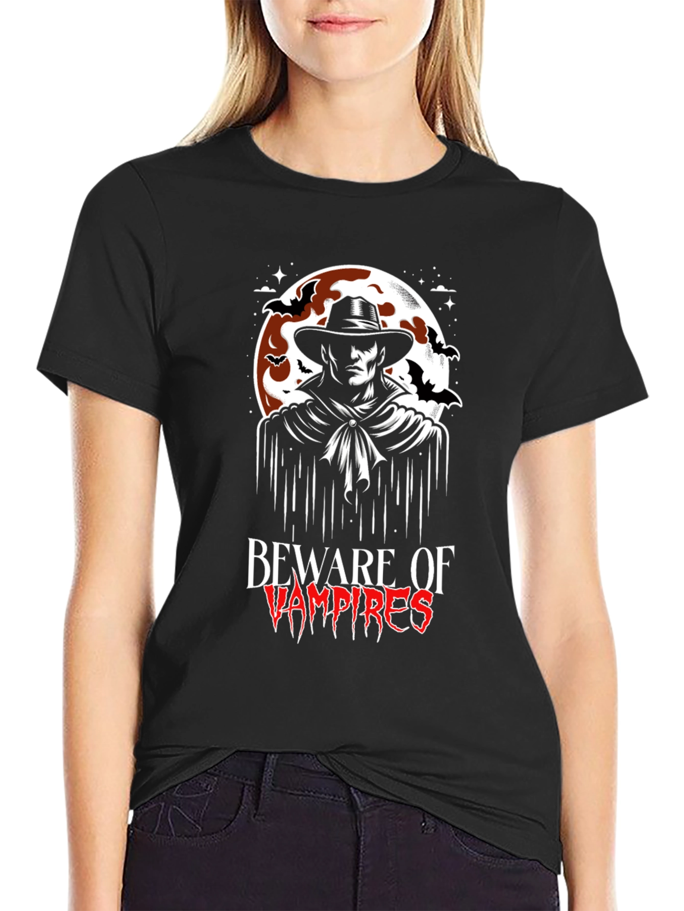 Black Beware of Vampires Graphic T-Shirt Halloween view 2