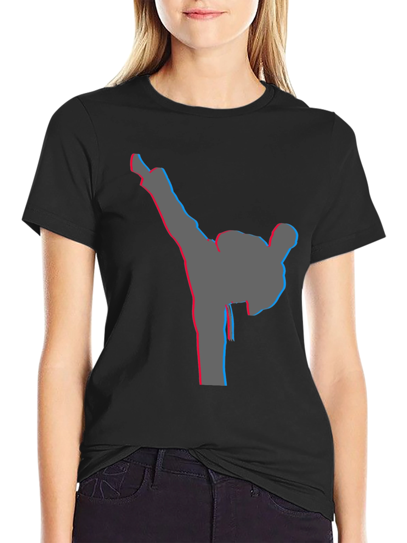 Black Men's Black T-Shirt with Karate Kick Graphic view 2
