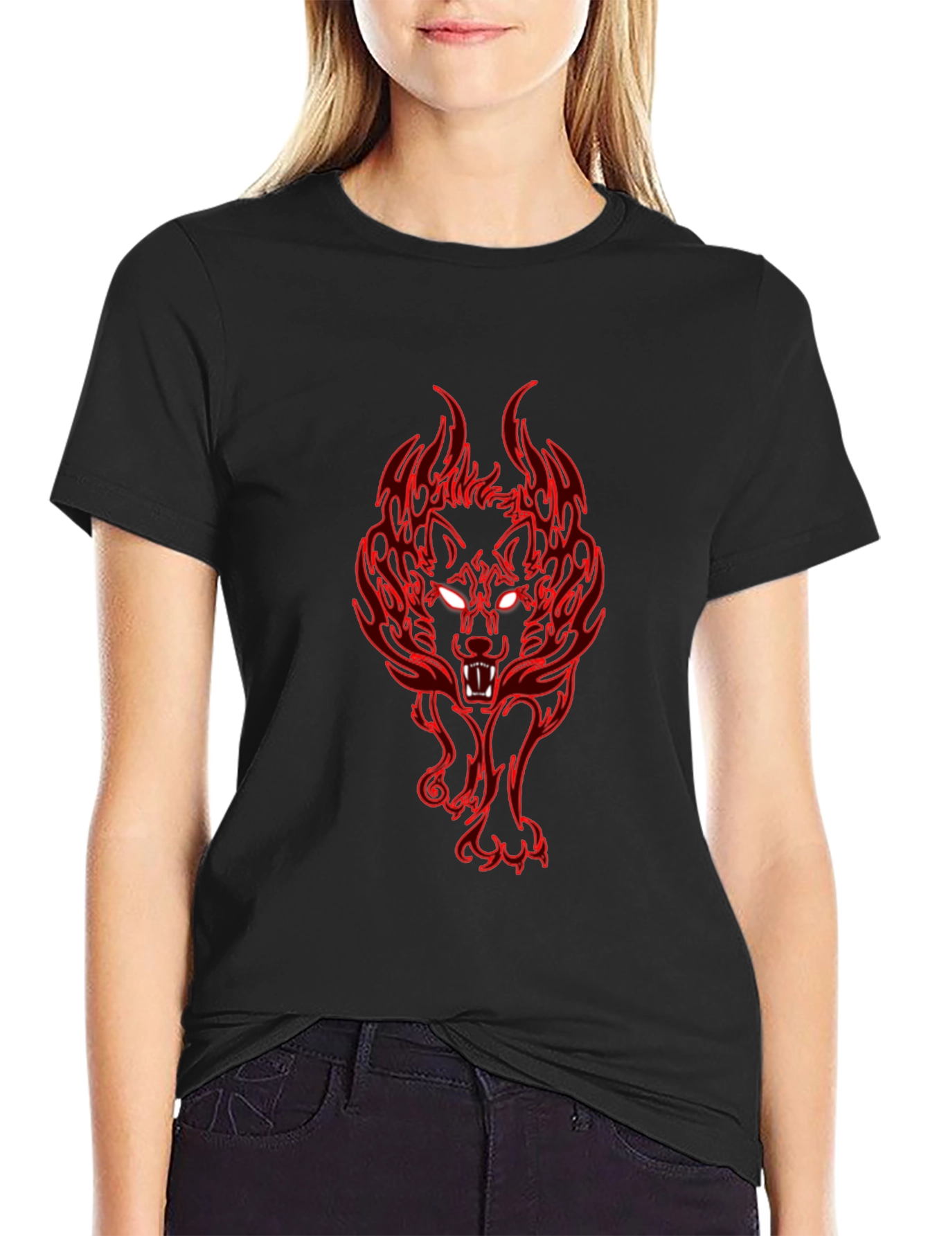 Black Fiery Wolf Graphic Tee - Black Cotton T-Shirt view 2