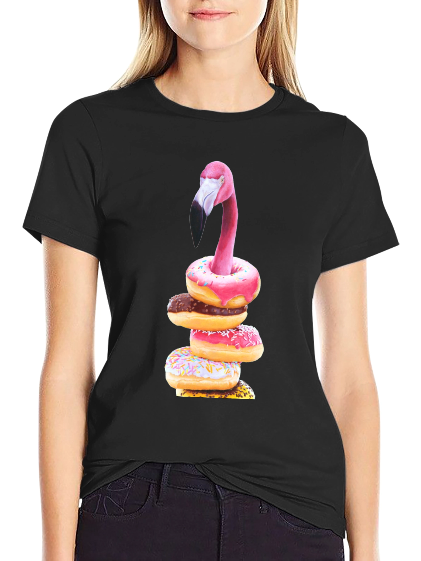 Black Flamingo Donut Stack Graphic Tee view 2
