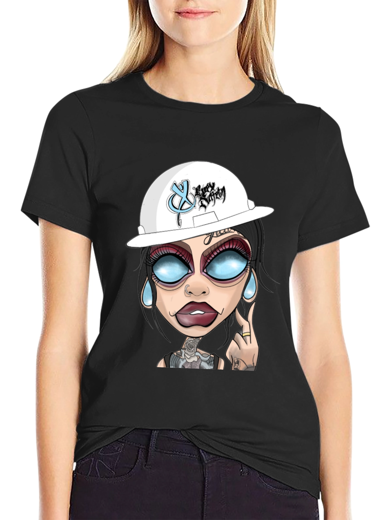 Black Cartoon Graphic T-Shirt - Edgy Tattoo Girl Design view 2