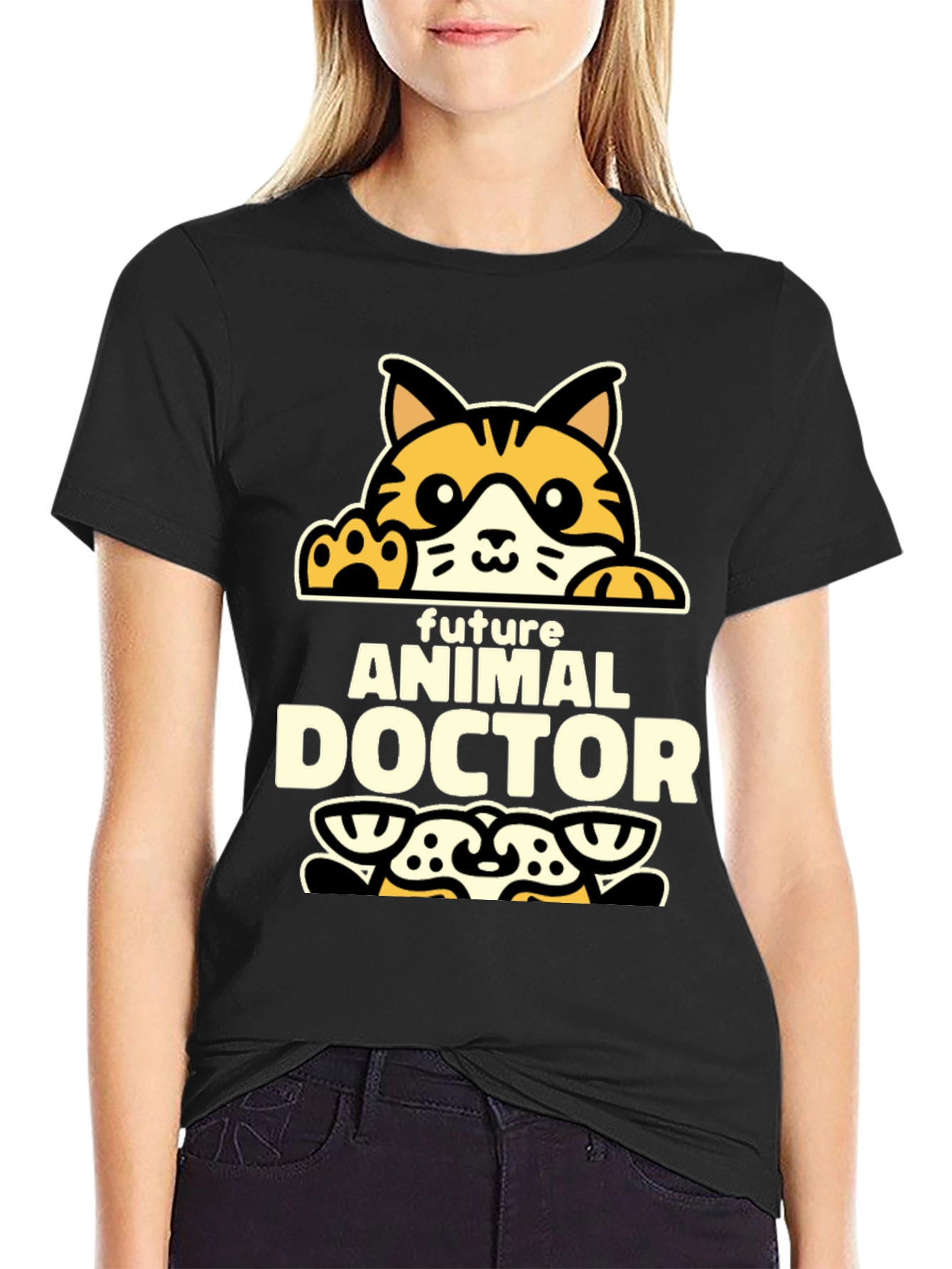 Black Future Animal Doctor T-Shirt - Cute Cat Design view 2
