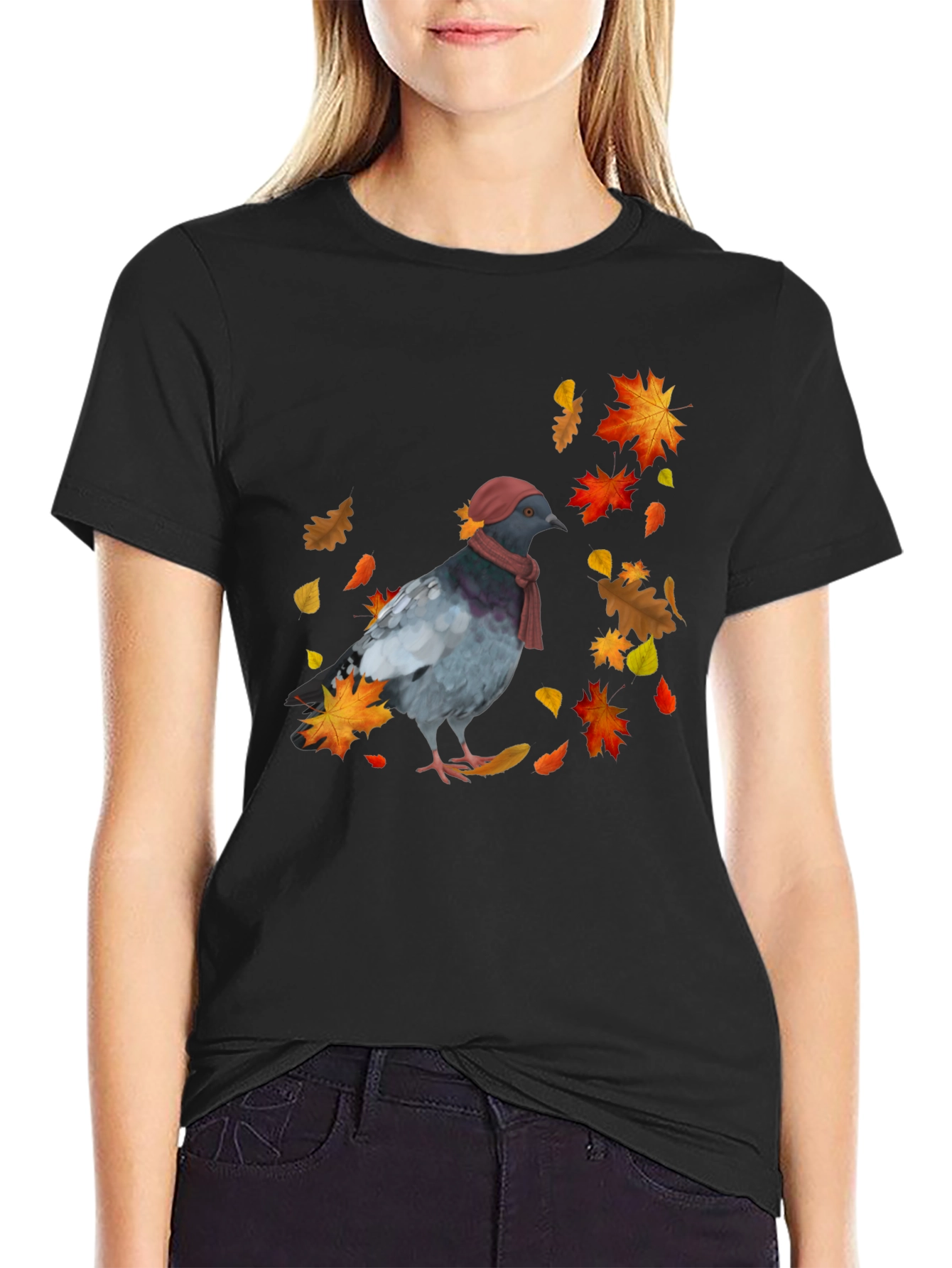 Black Pigeon Fall T-Shirt - Autumn Bird Tee view 2
