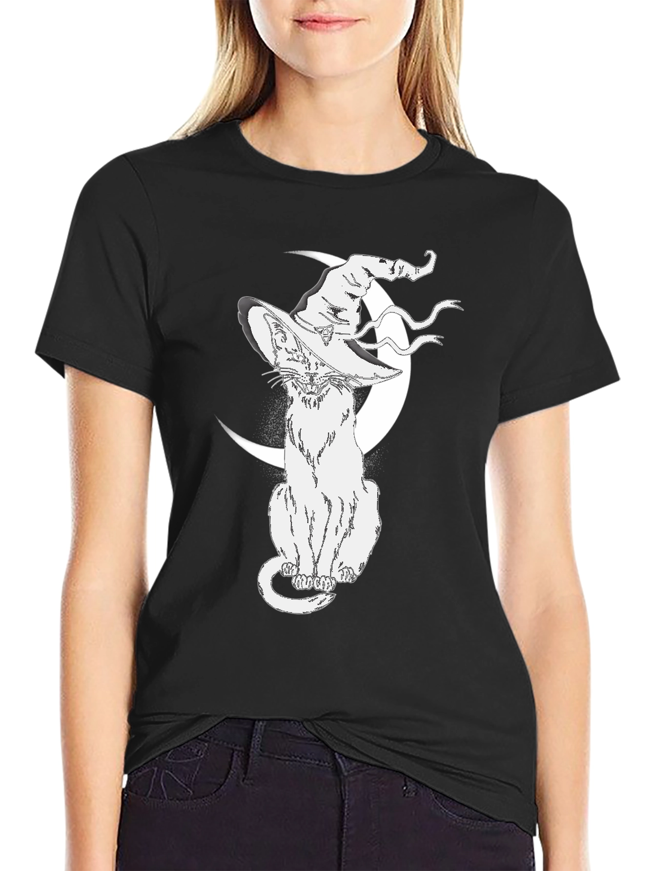 Black Witch Cat Moon T-Shirt - Halloween Style view 2