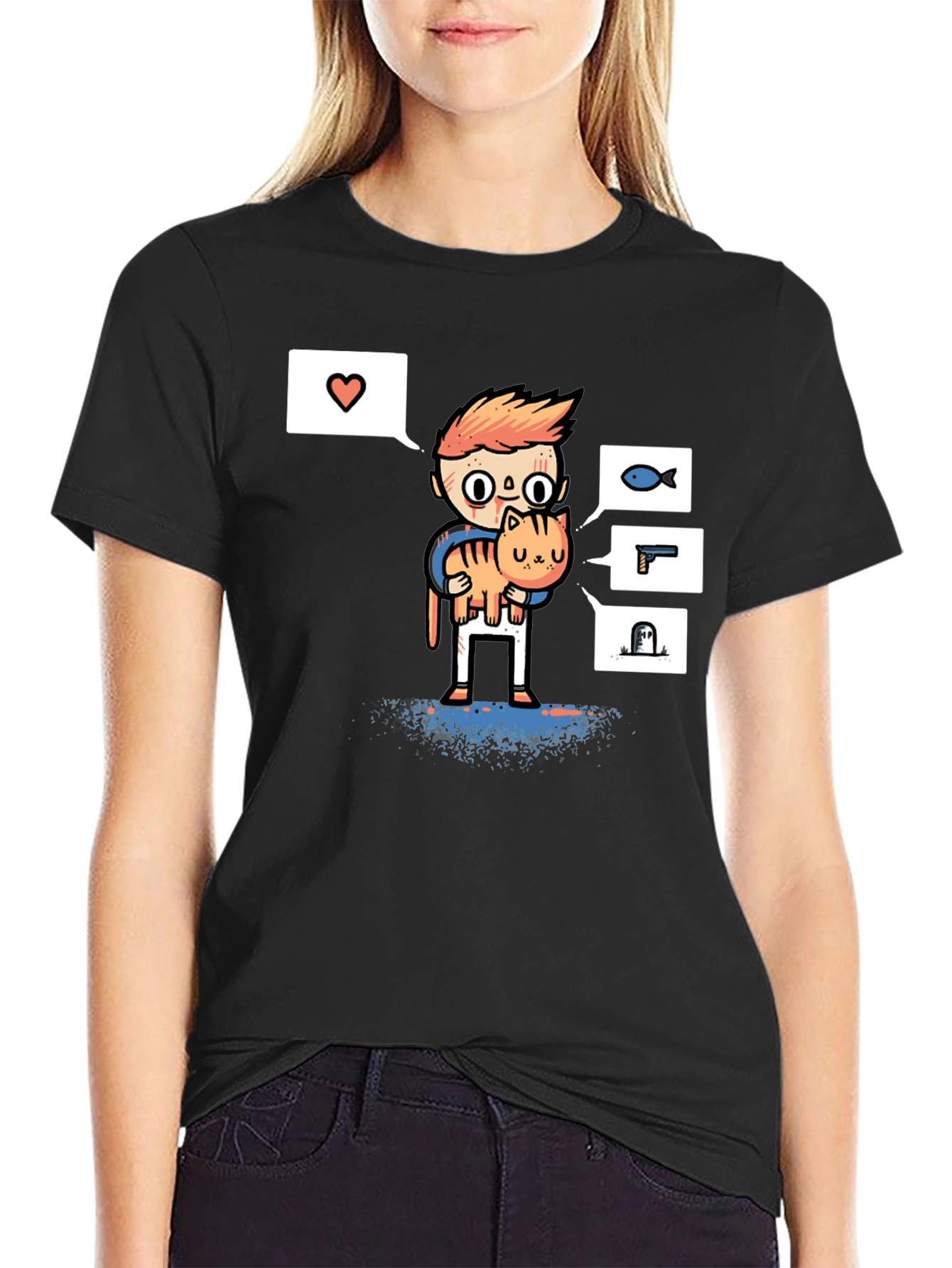 Black Cat Lover Graphic T-Shirt - Black Cotton Tee view 2