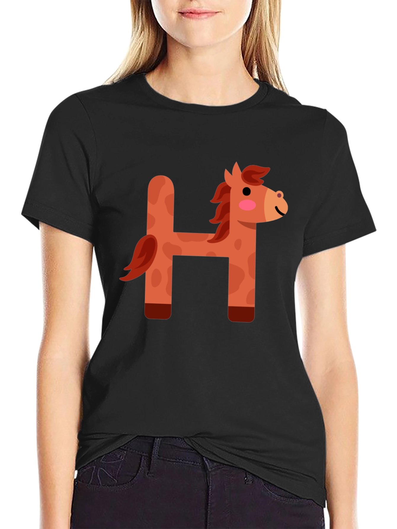 Black Cute Horse Letter H Black T-Shirt view 2