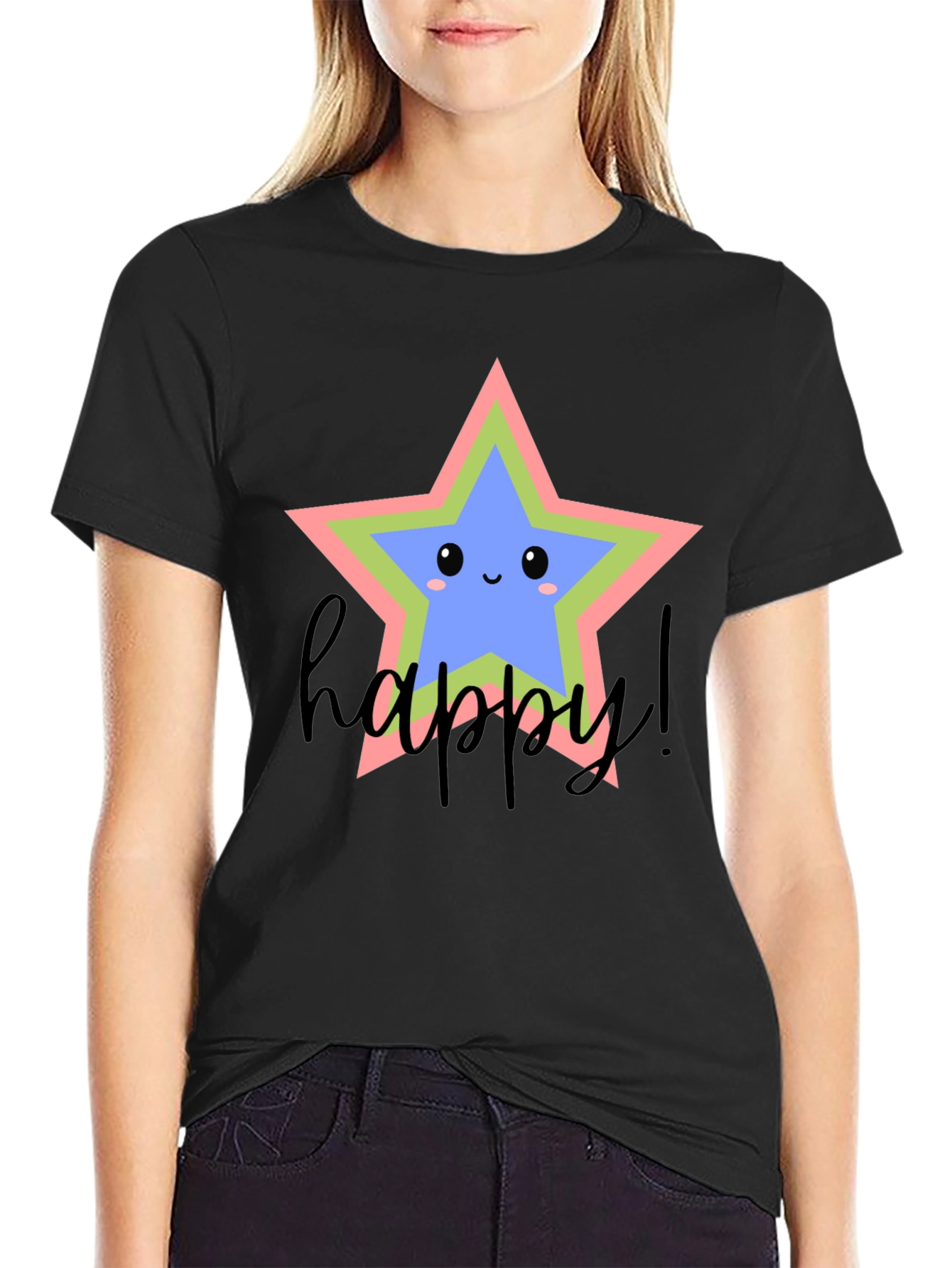 Black Cute Star Graphic Tee - Happy Vibes view 2