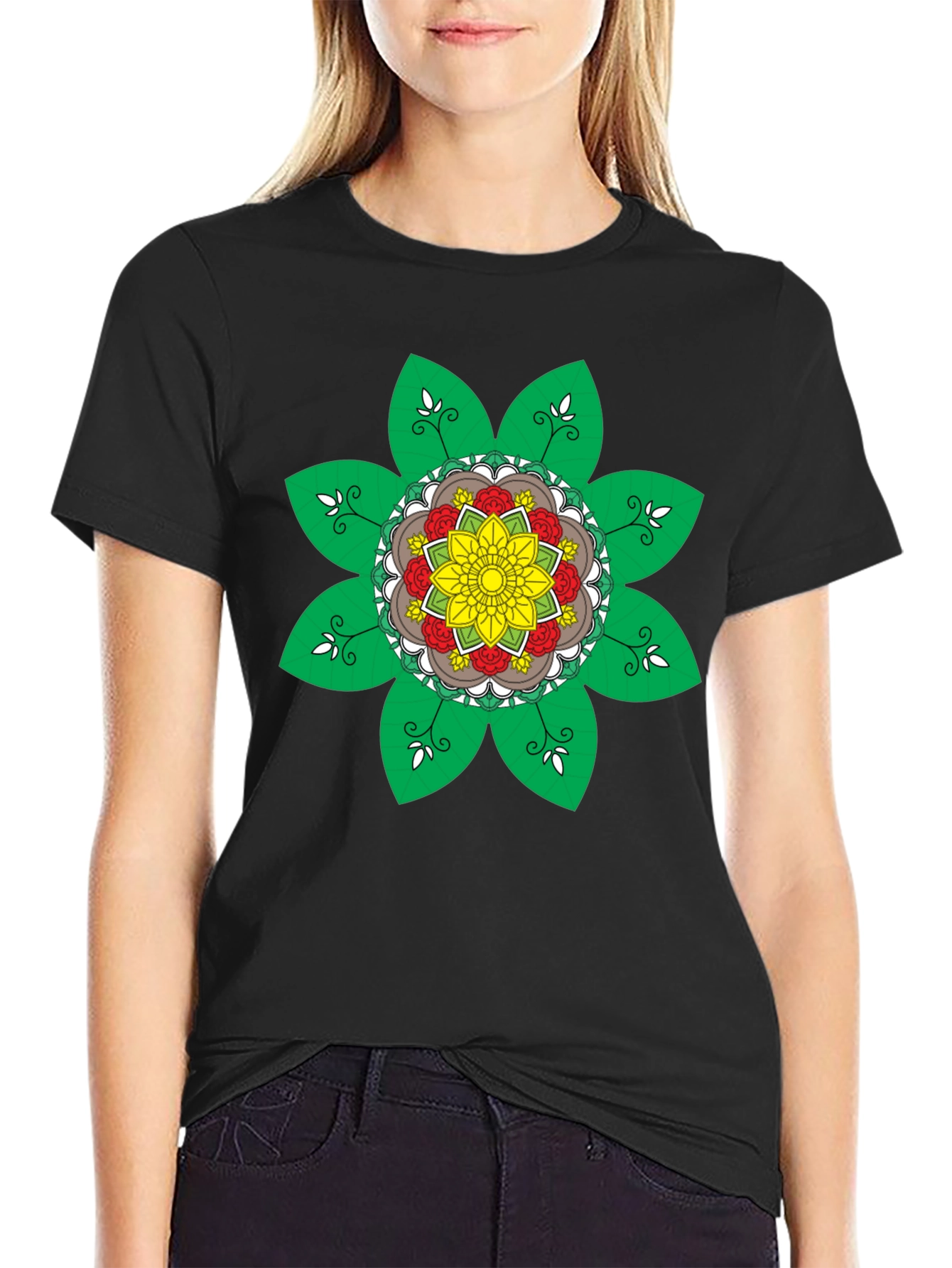 Black Floral Mandala Graphic Tee - Black Cotton Blend Shirt view 2
