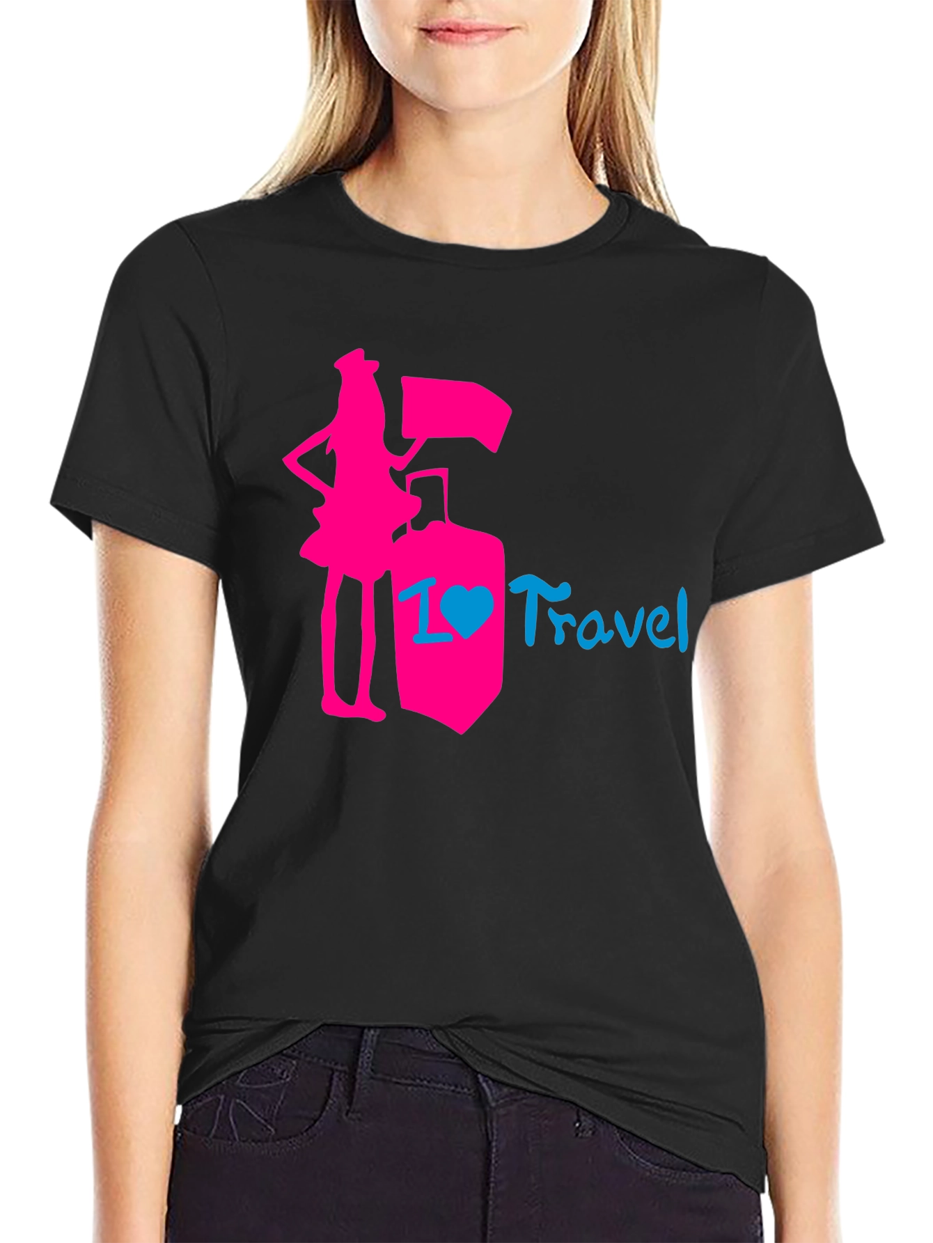 Black I Love Travel T-Shirt: Pink Design, Stylish Top view 2