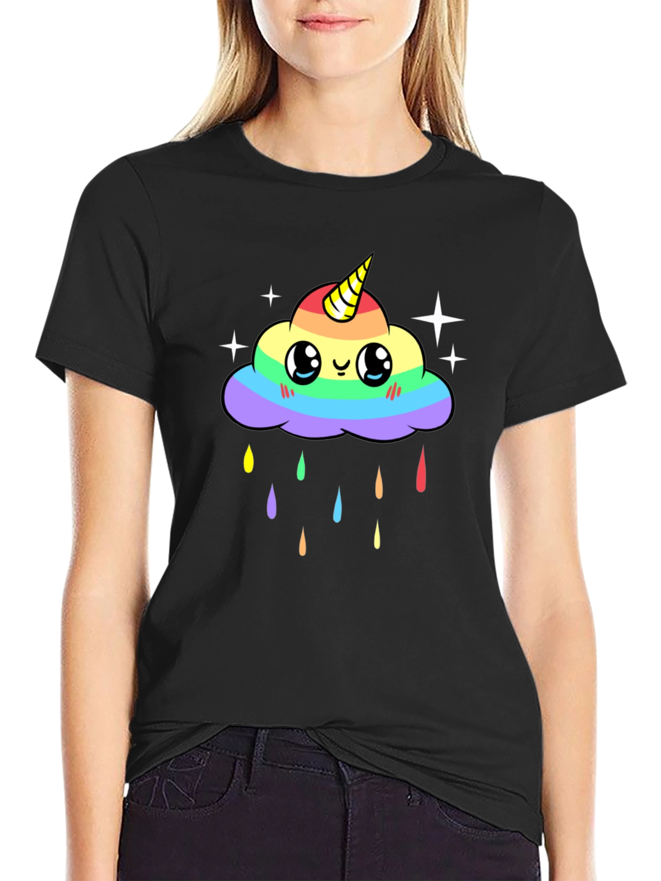 Black Rainbow Unicorn Cloud T-Shirt view 2