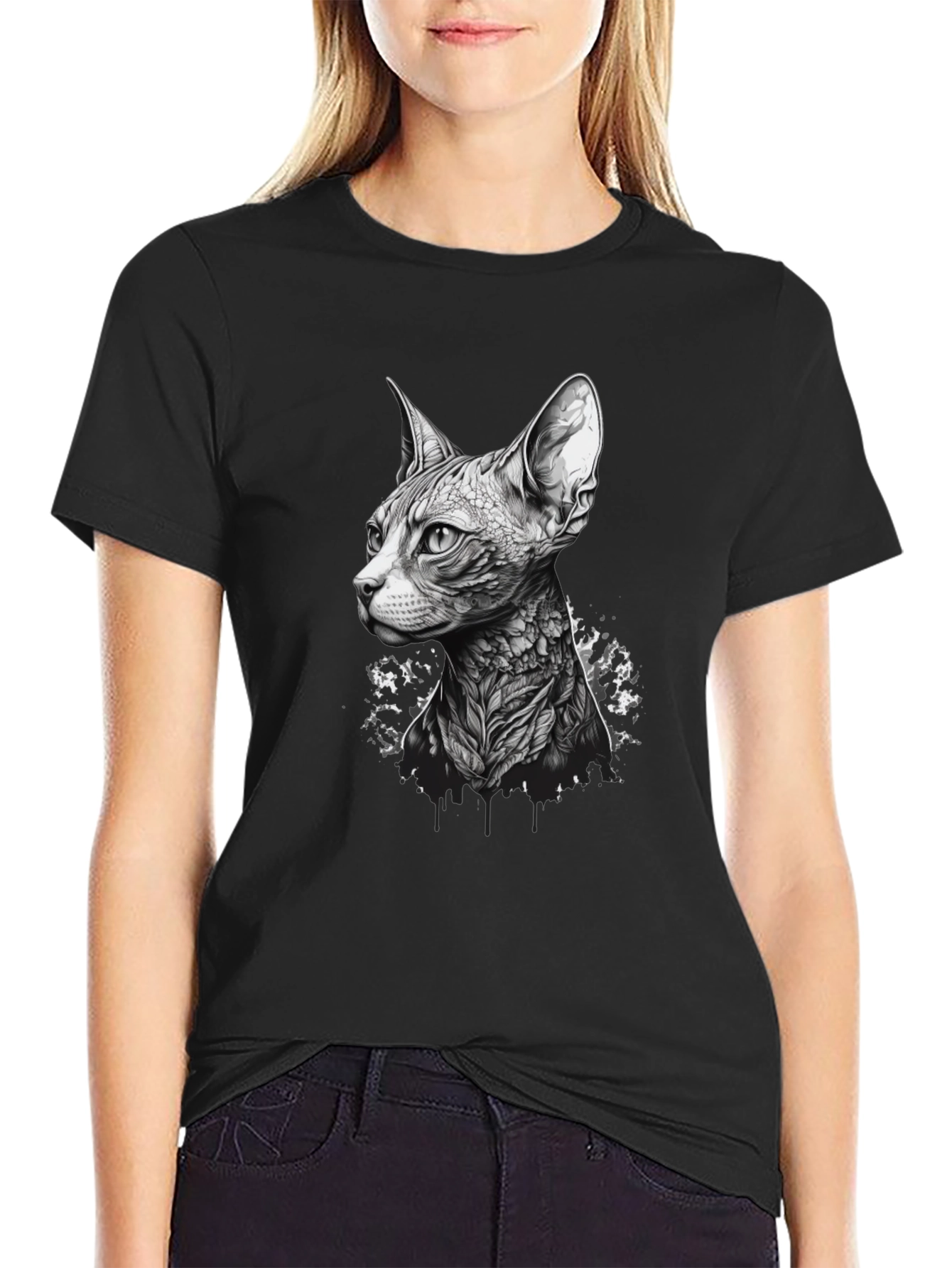 Black Sphynx Cat Tattoo Style Black T-Shirt view 2