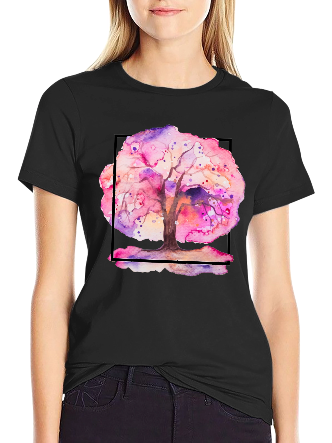Black Watercolor Tree Graphic Black T-Shirt view 2
