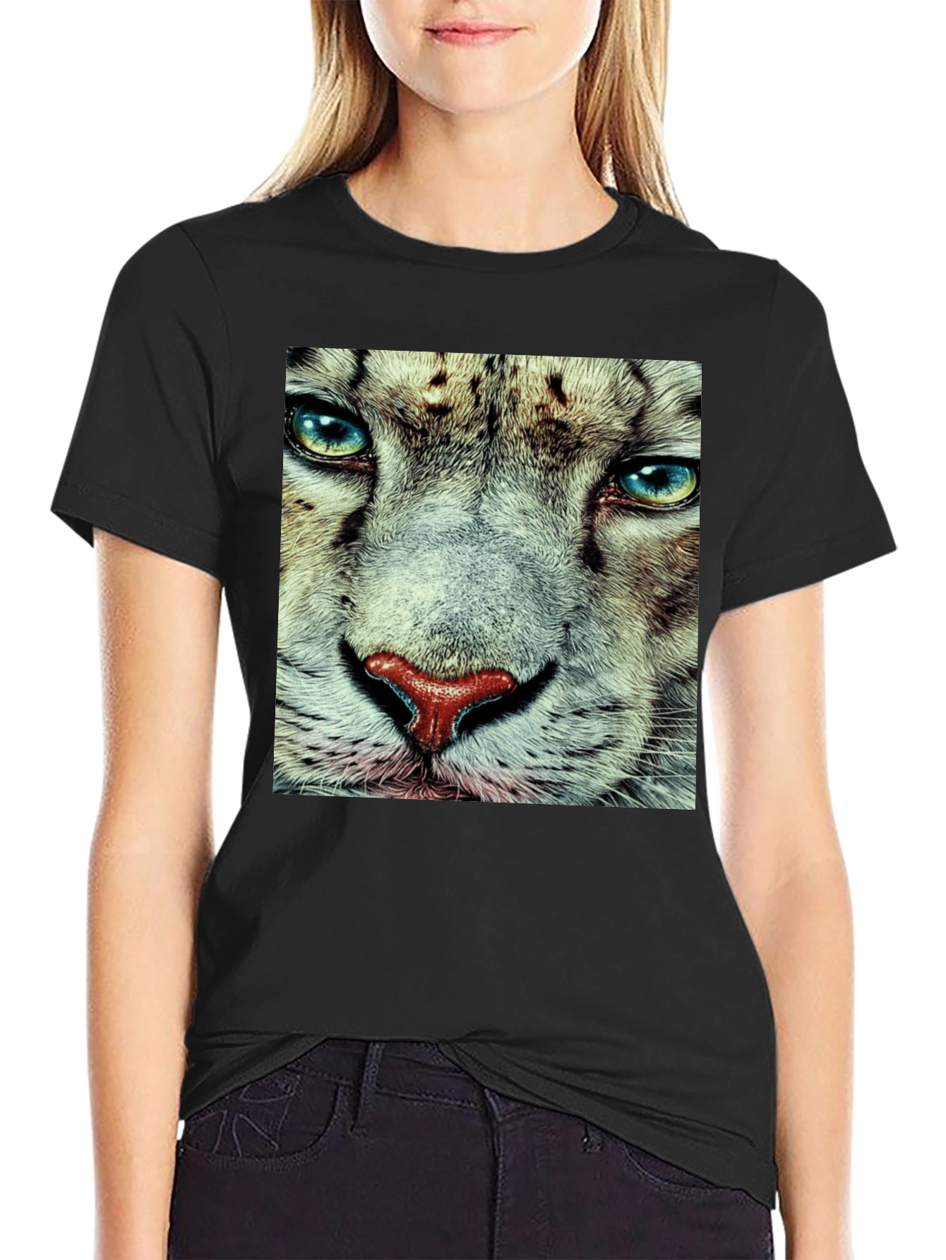 Black Snow Leopard Face Graphic T-Shirt - Black view 2