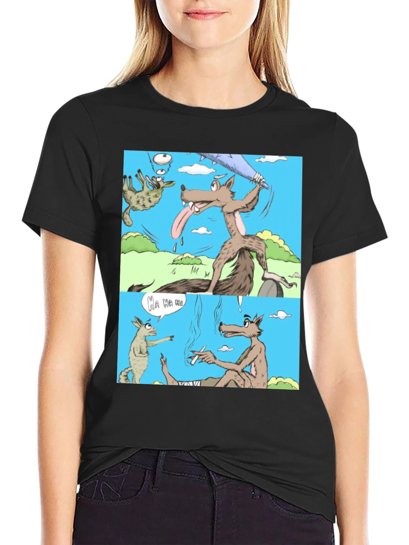 Black Cartoon Wolf Graphic T-Shirt, Humor Tee view 2