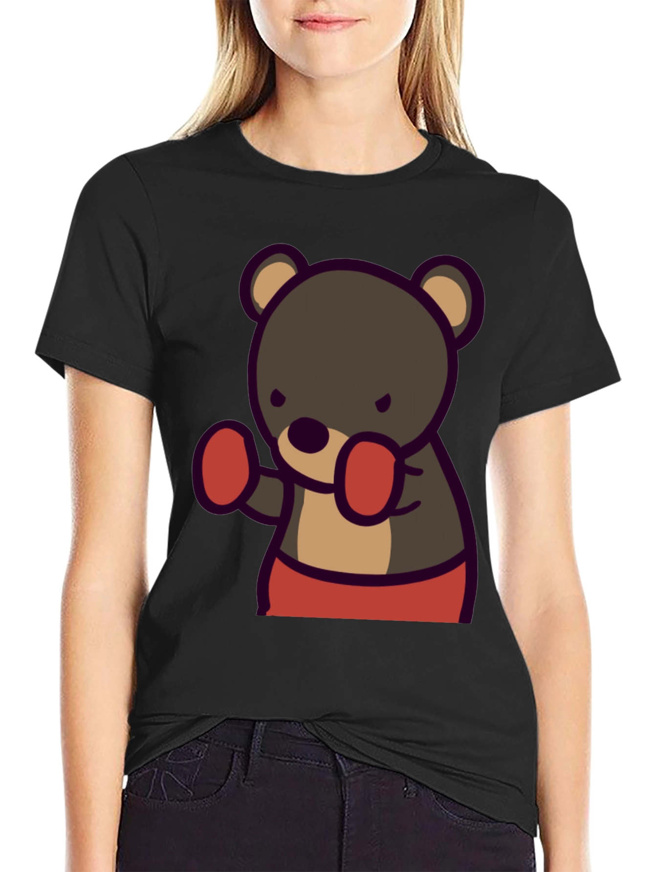 Black Boxing Bear Graphic Tee - Black Cotton Casual view 2