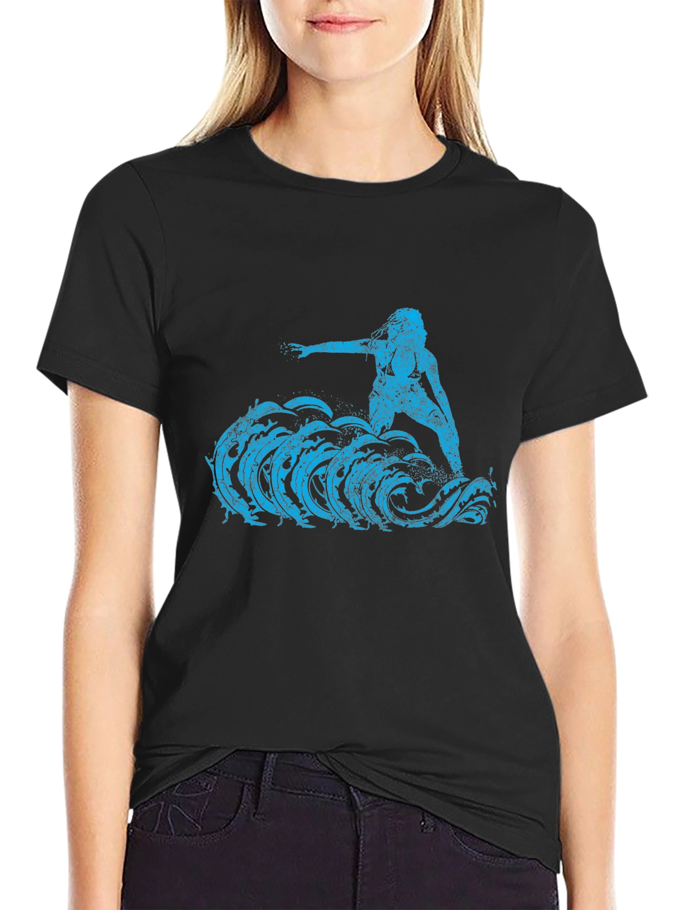 Black Surfer Girl Tee - Black Cotton Graphic T-Shirt view 2