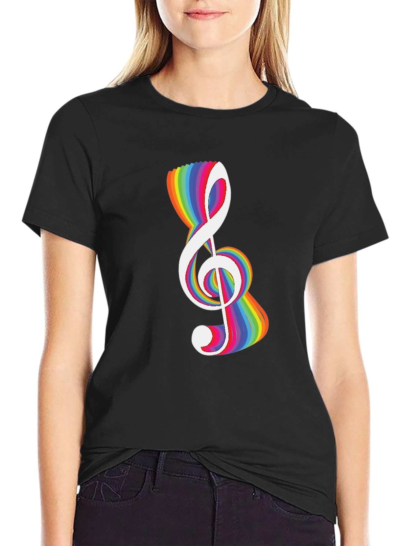 Black Rainbow Treble Clef Graphic Tee - Black view 2