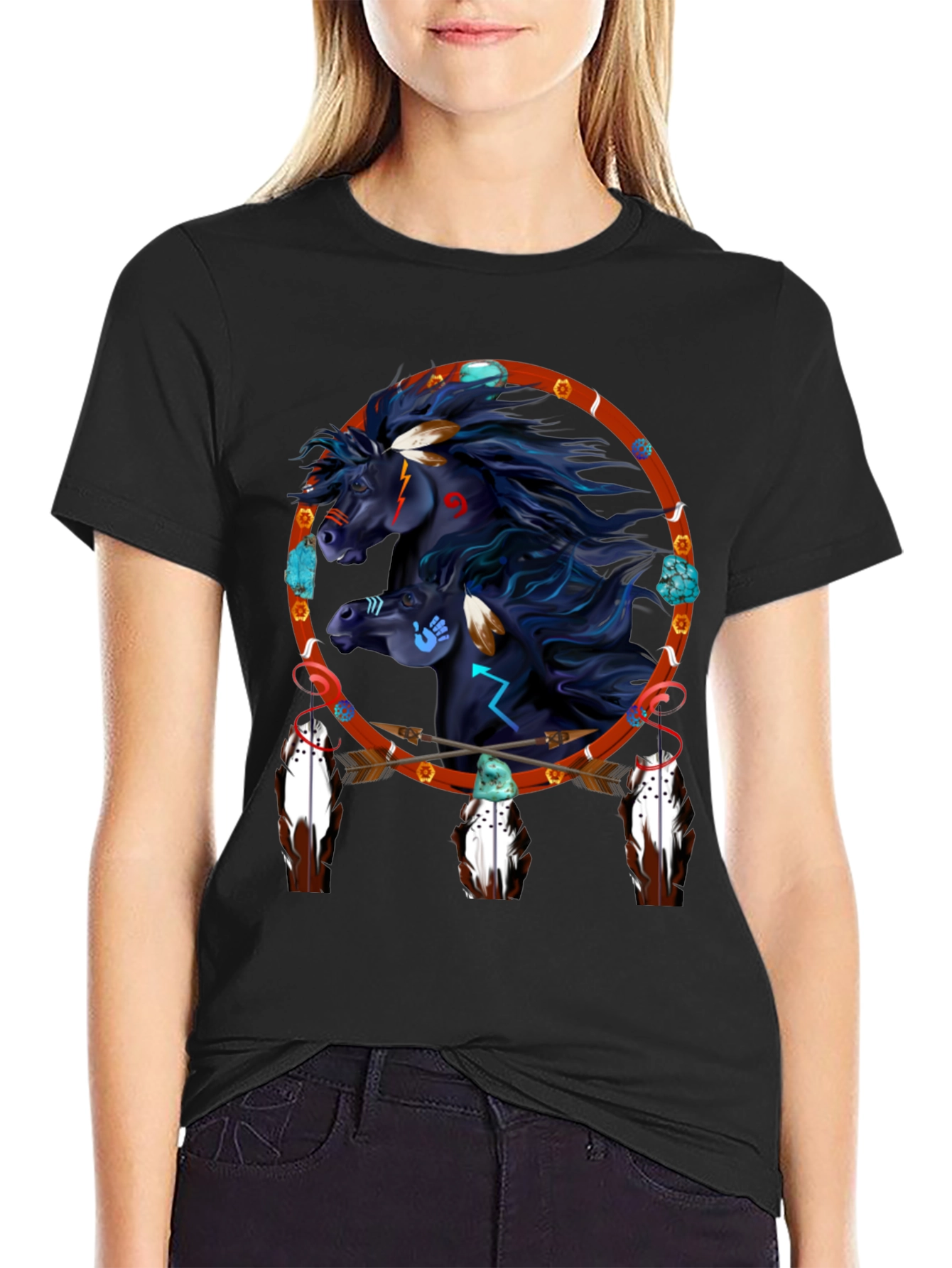 Black Native American Horse Dreamcatcher Graphic Tee view 2