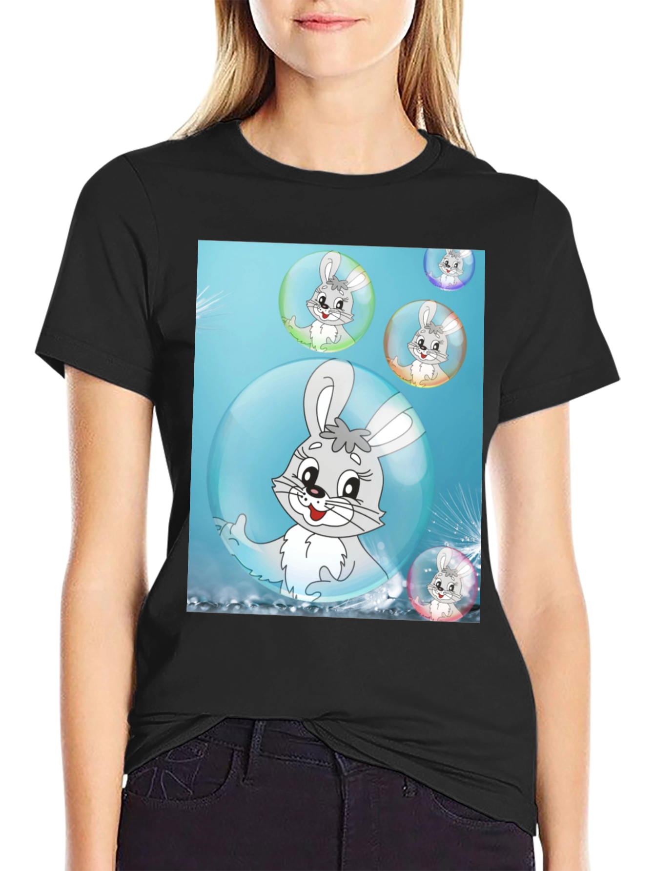 Black Cute Bunny Bubble T-Shirt - Fun Cartoon Design view 2