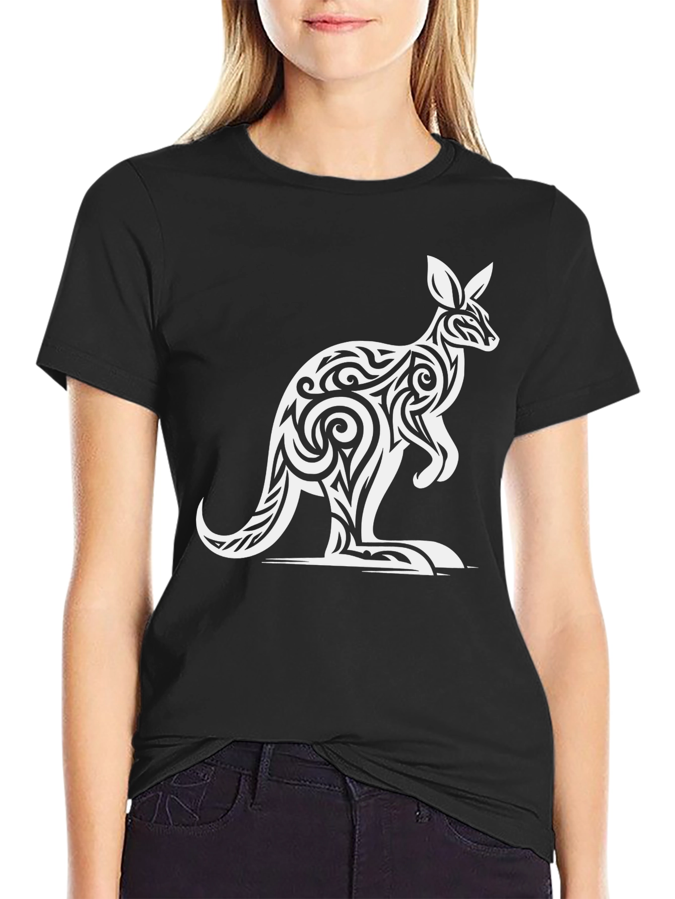 Black Tribal Kangaroo Graphic Tee - Black Cotton T-Shirt view 2