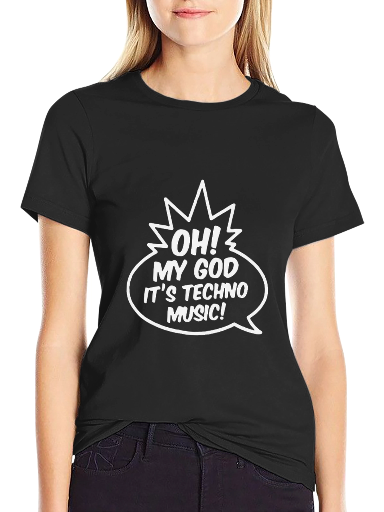 Black Techno Music T-Shirt: "Oh My God!" Graphic Tee view 2
