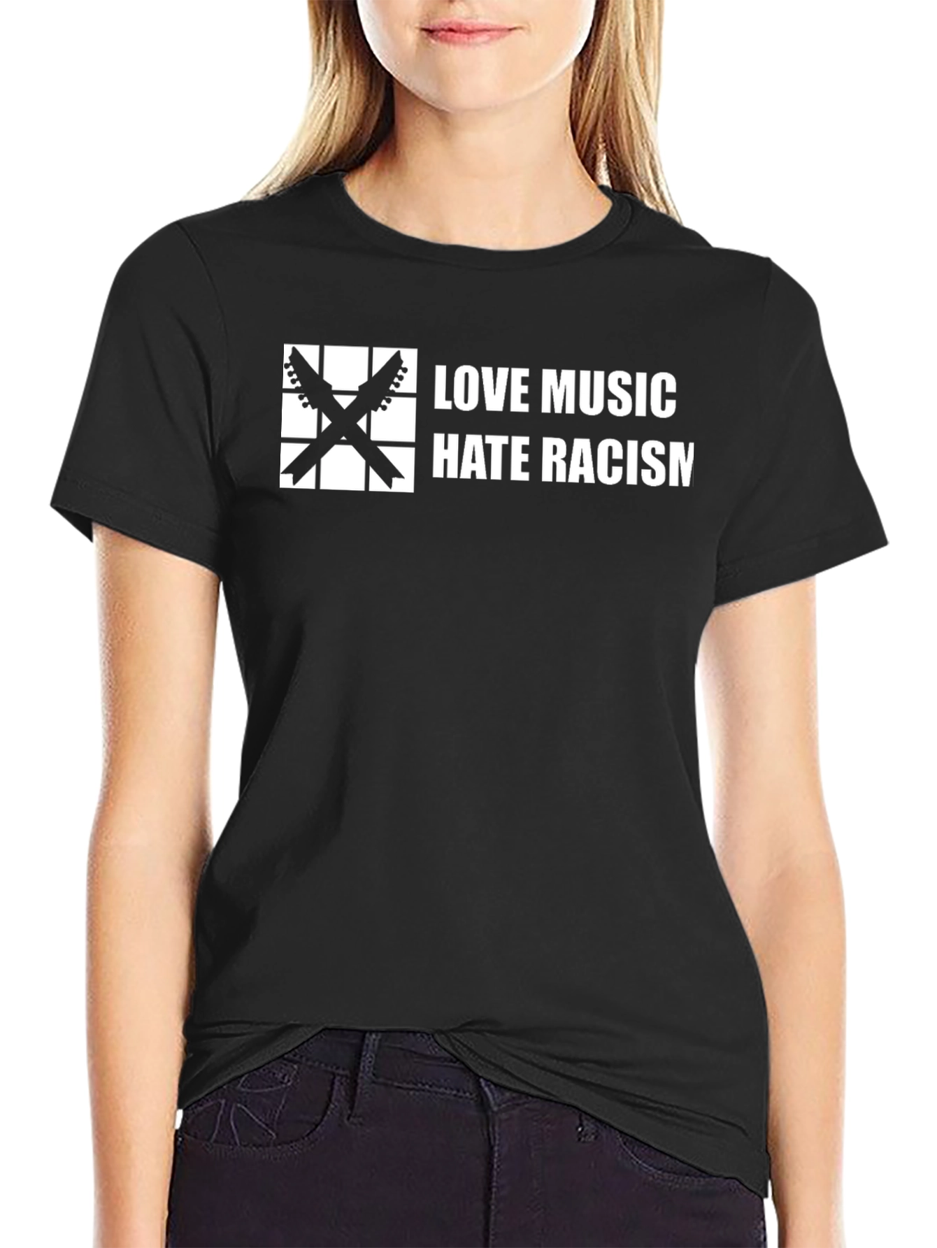 Black Love Music Hate Racism T-Shirt - Black Cotton Tee view 2
