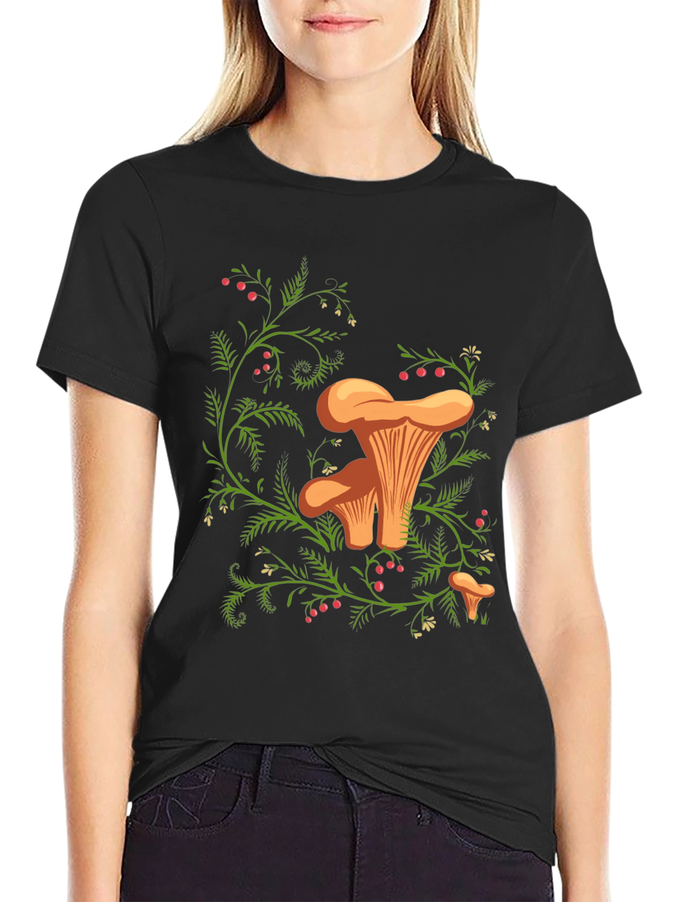 Black Chanterelle Mushroom Print Black T-Shirt view 2