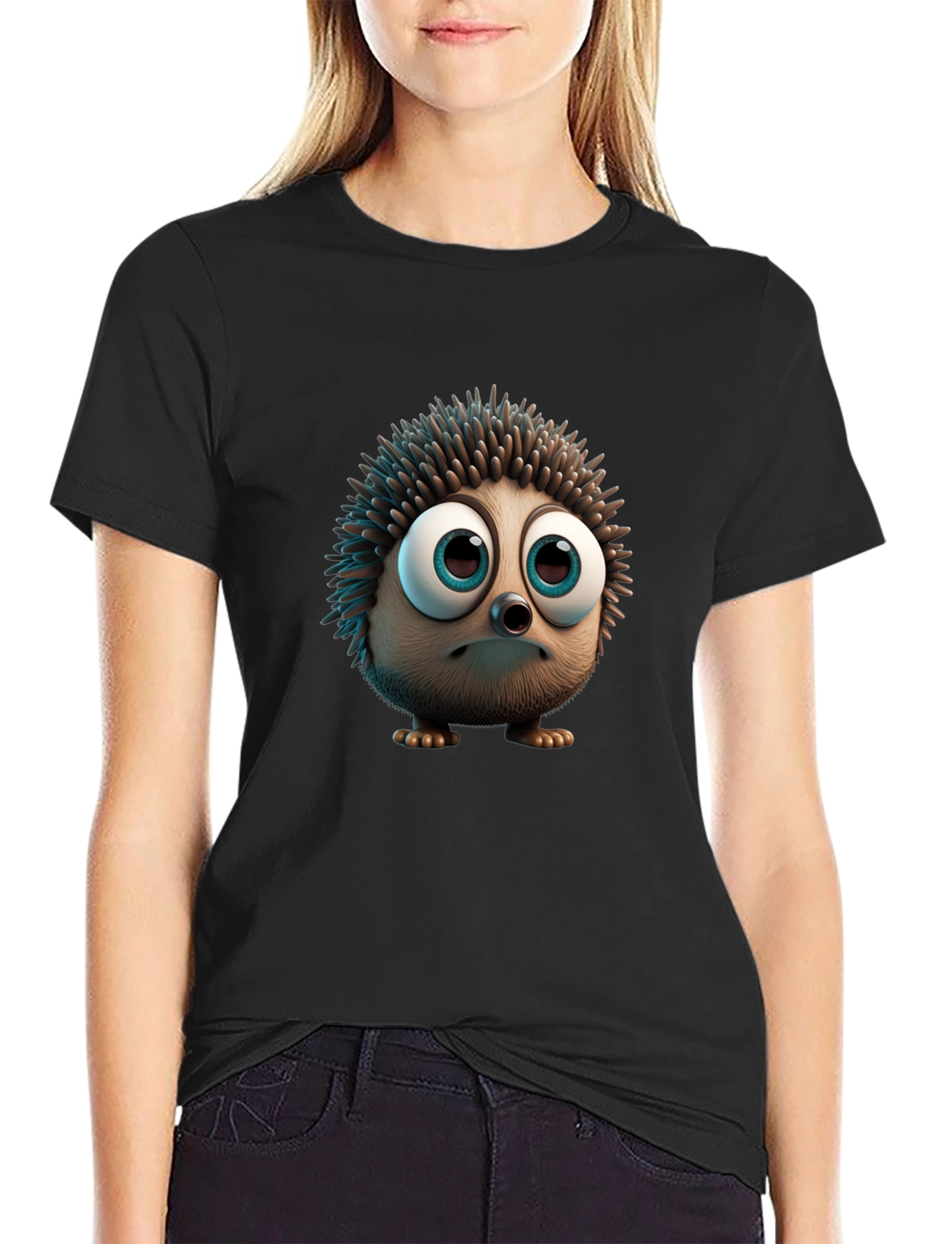 Black Cute Hedgehog Graphic Tee - Soft Black Cotton view 2