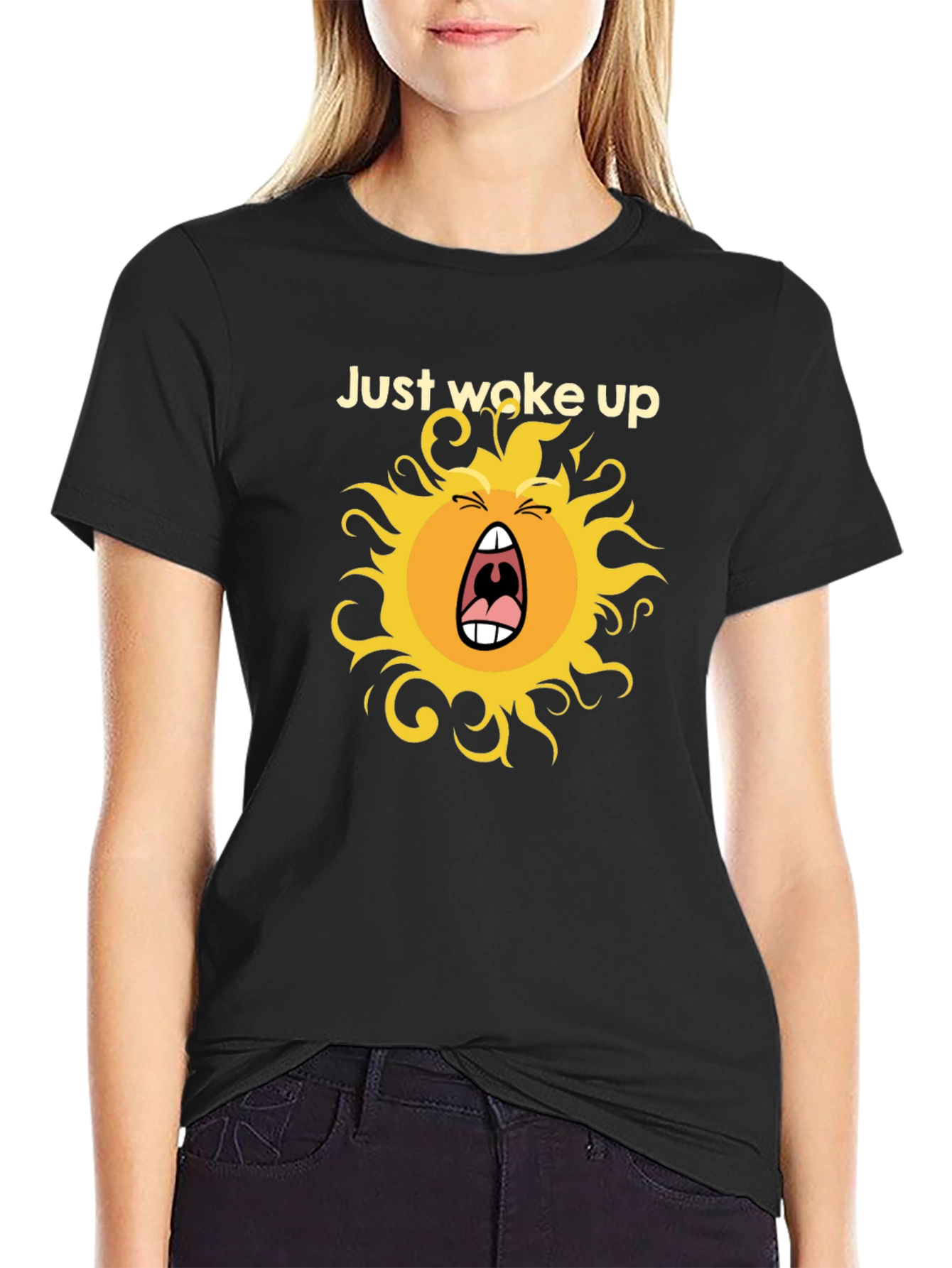 Black Funny "Just Woke Up" Sun Graphic Black T-Shirt view 2