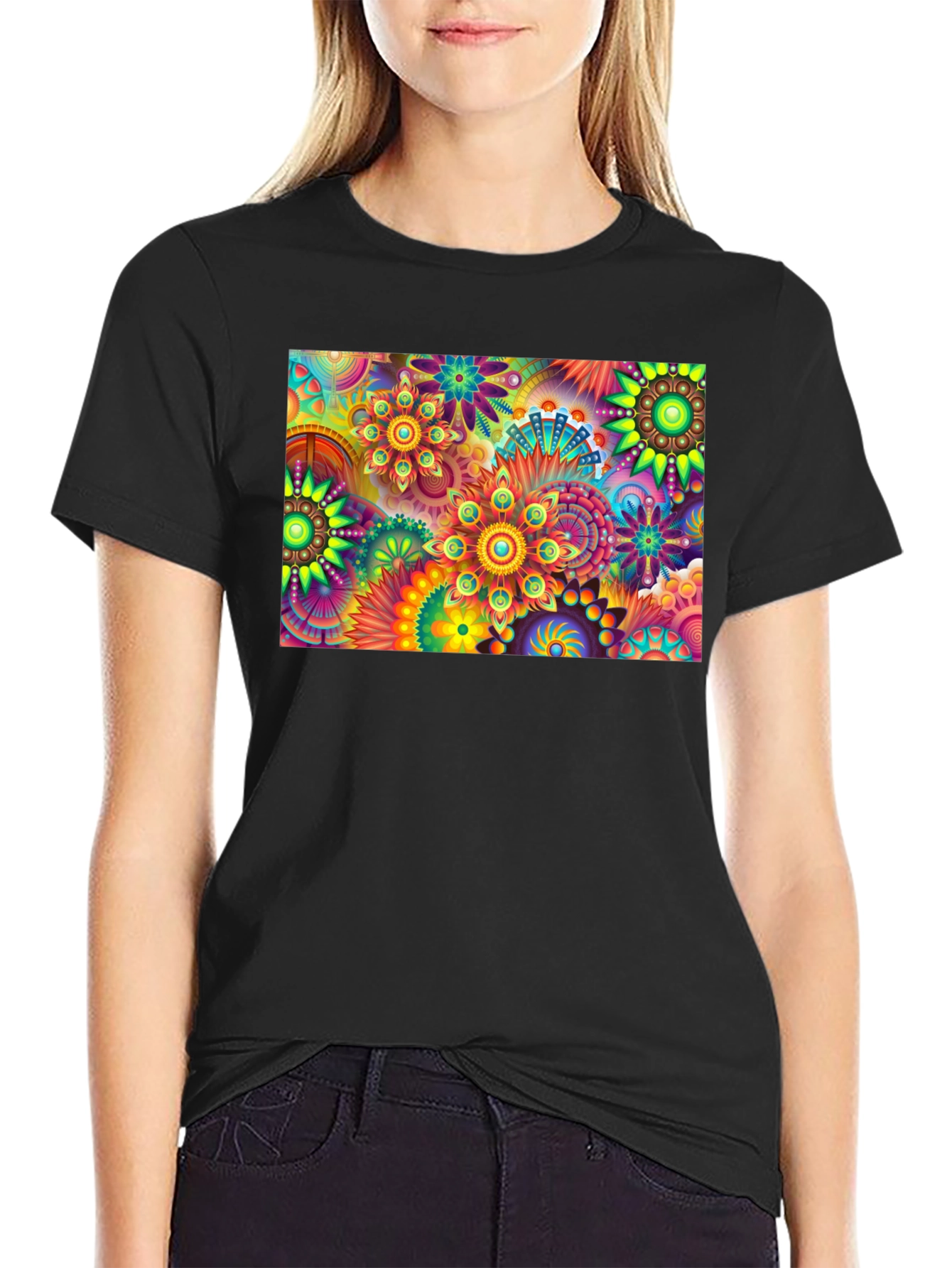 Black Vibrant Floral Print Black T-Shirt view 2