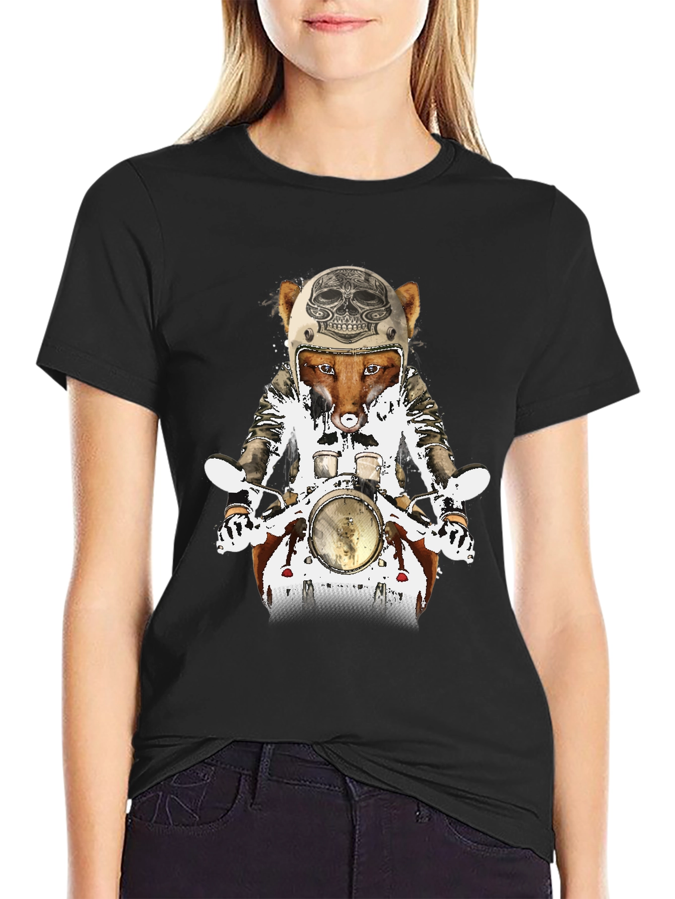 Black Fox on Motorcycle Graphic Tee view 2