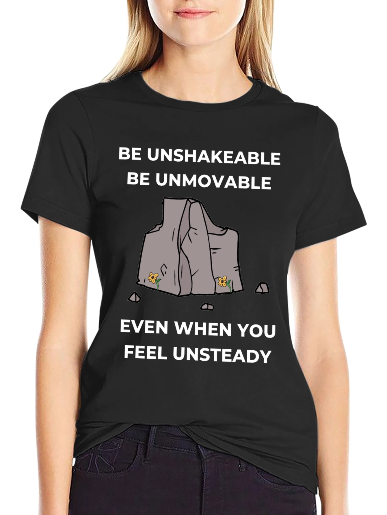 Black Unshakeable Tee: Motivational Graphic Print Shirt view 2