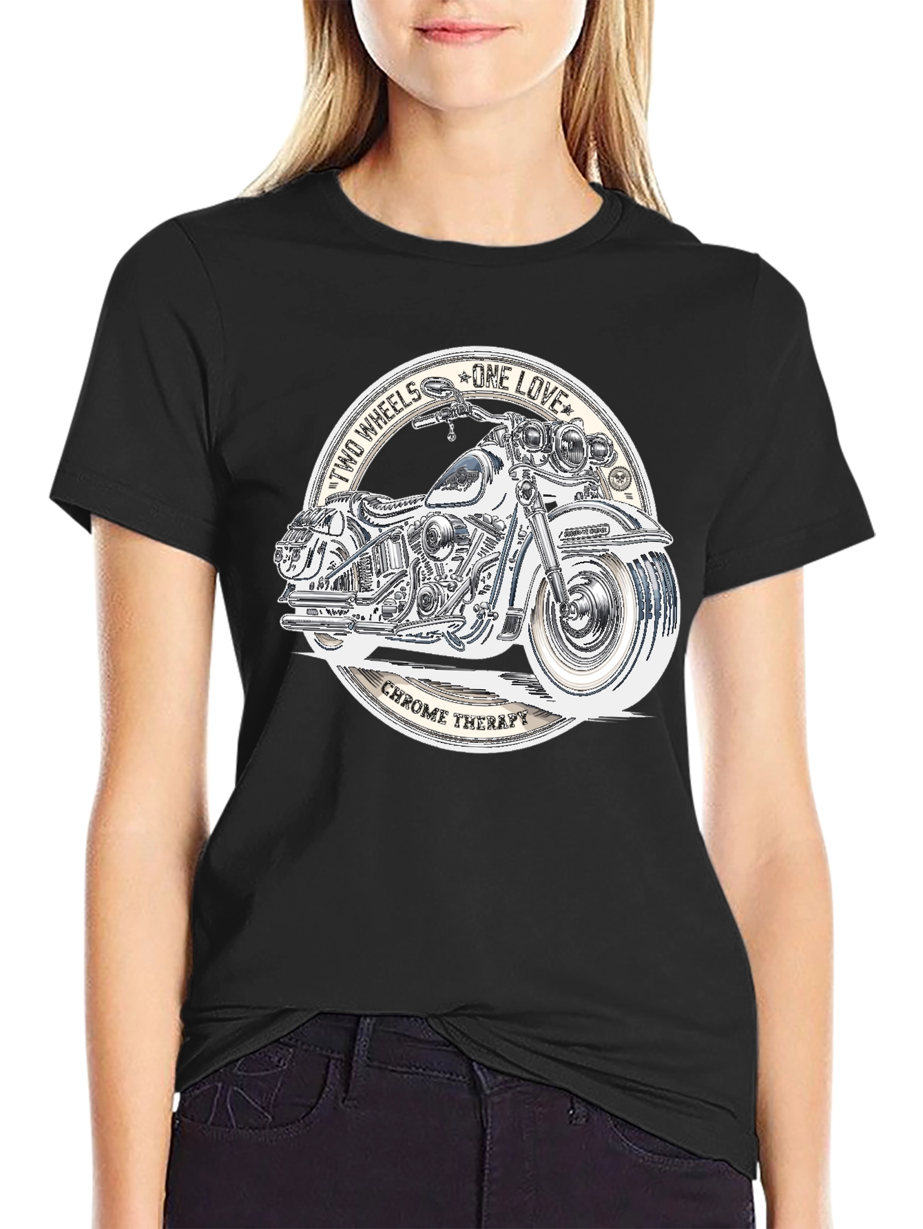 Black Two Wheels One Love Motorcycle Graphic T-Shirt view 2