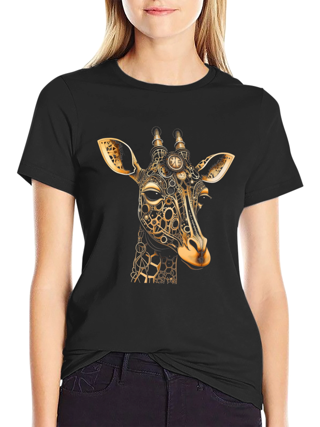 Black Steampunk Giraffe Graphic T-Shirt - Black view 2