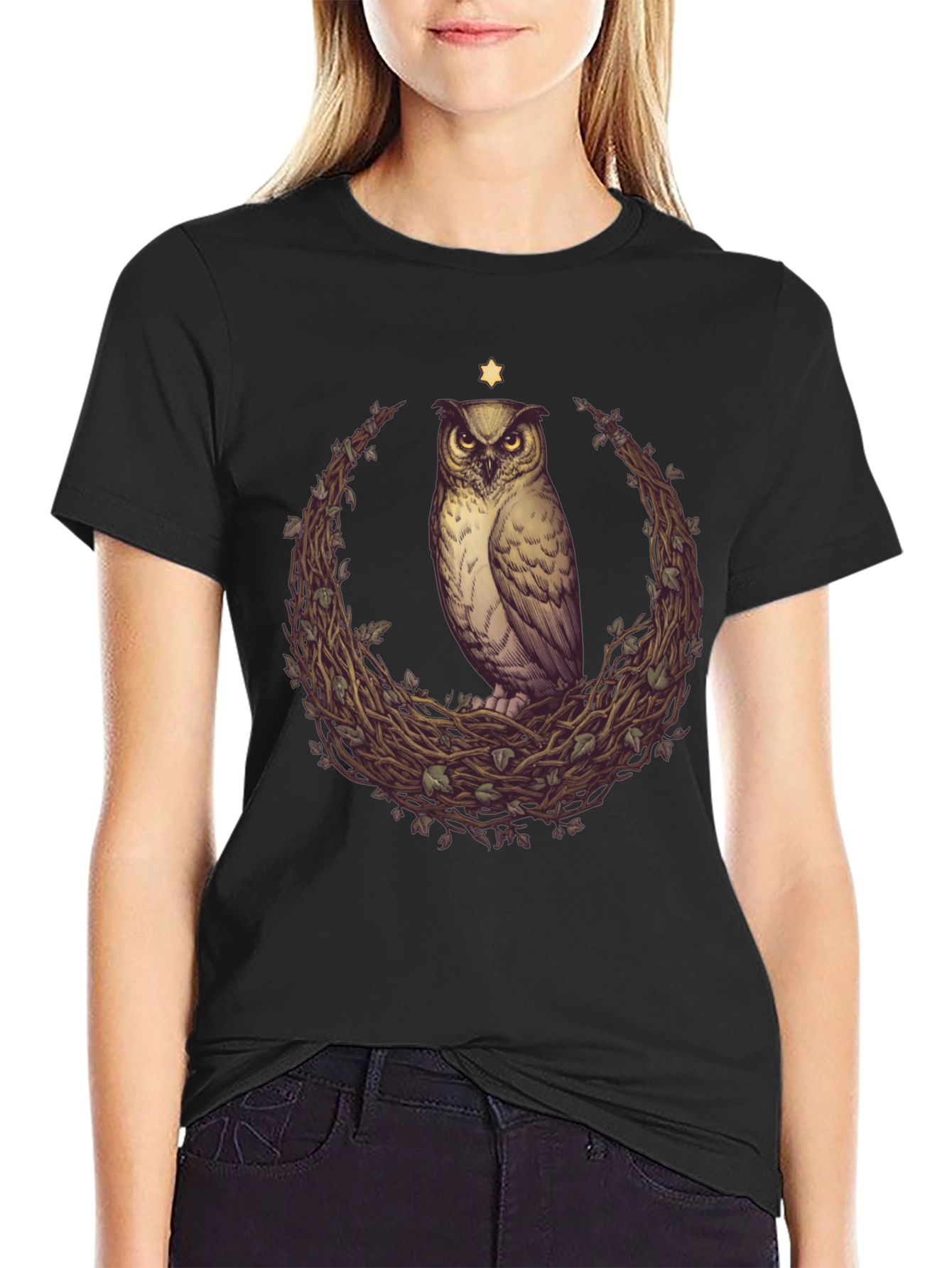 Black Owl & Star Graphic Tee - Unisex Black T-Shirt view 2