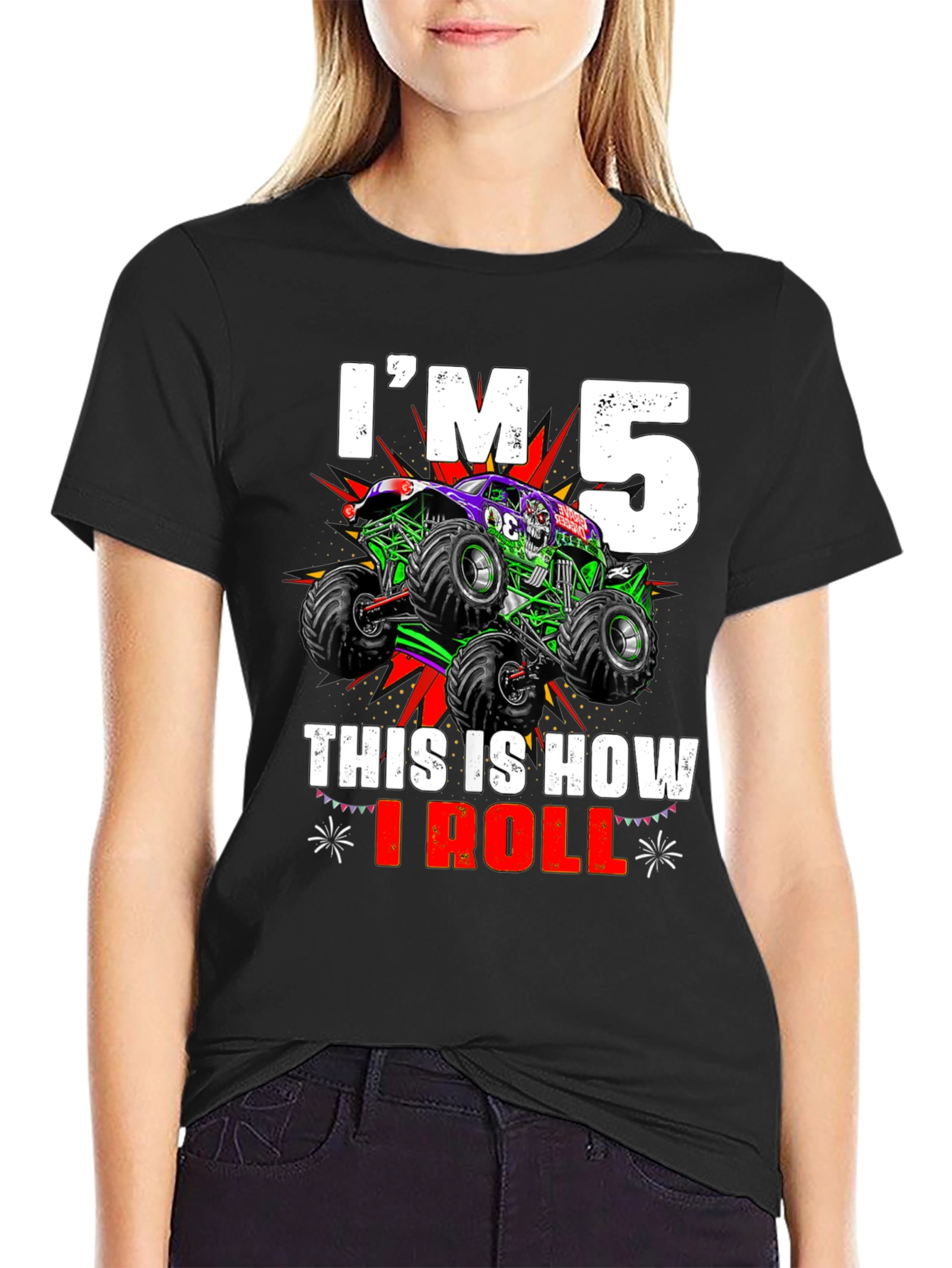 Black I'm 5 This Is How I Roll Monster Truck T-Shirt view 2