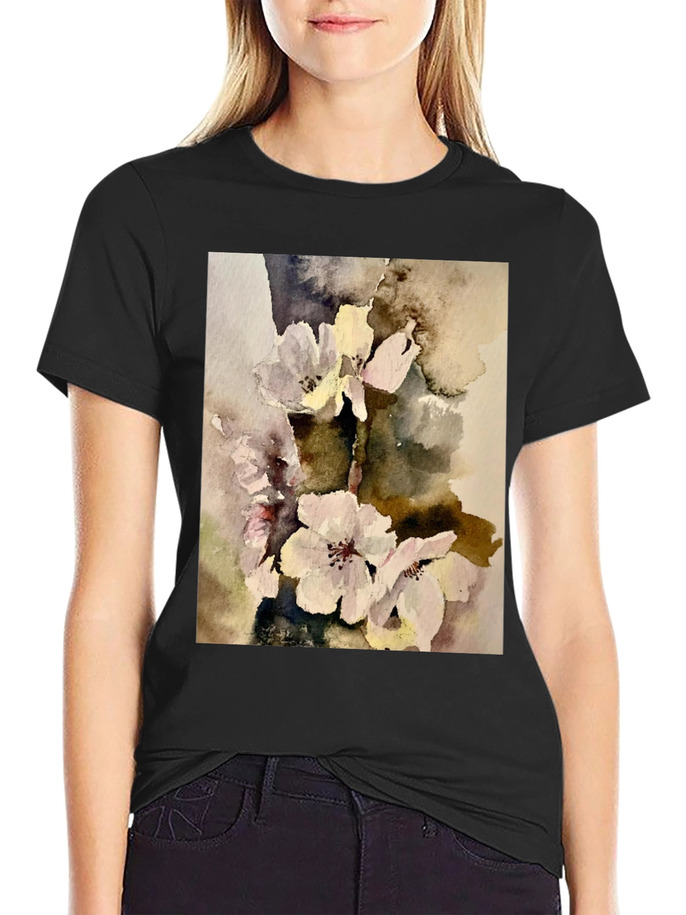 Black Floral Watercolor Print T-Shirt view 2