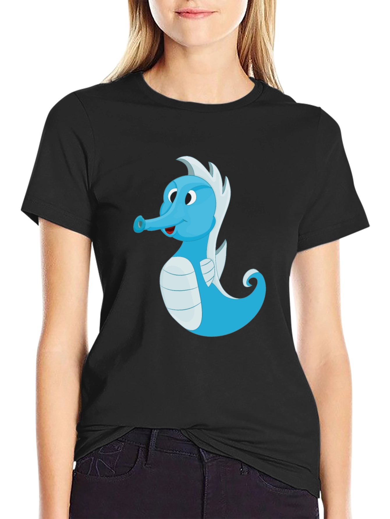 Black Cute Blue Seahorse Graphic Tee - Unisex Black T-Shirt view 2