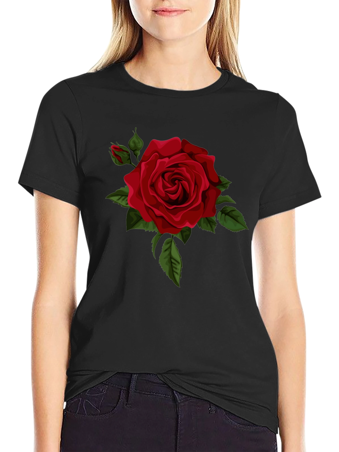 Black Red Rose Graphic Tee - Classic Black Cotton T-Shirt view 2