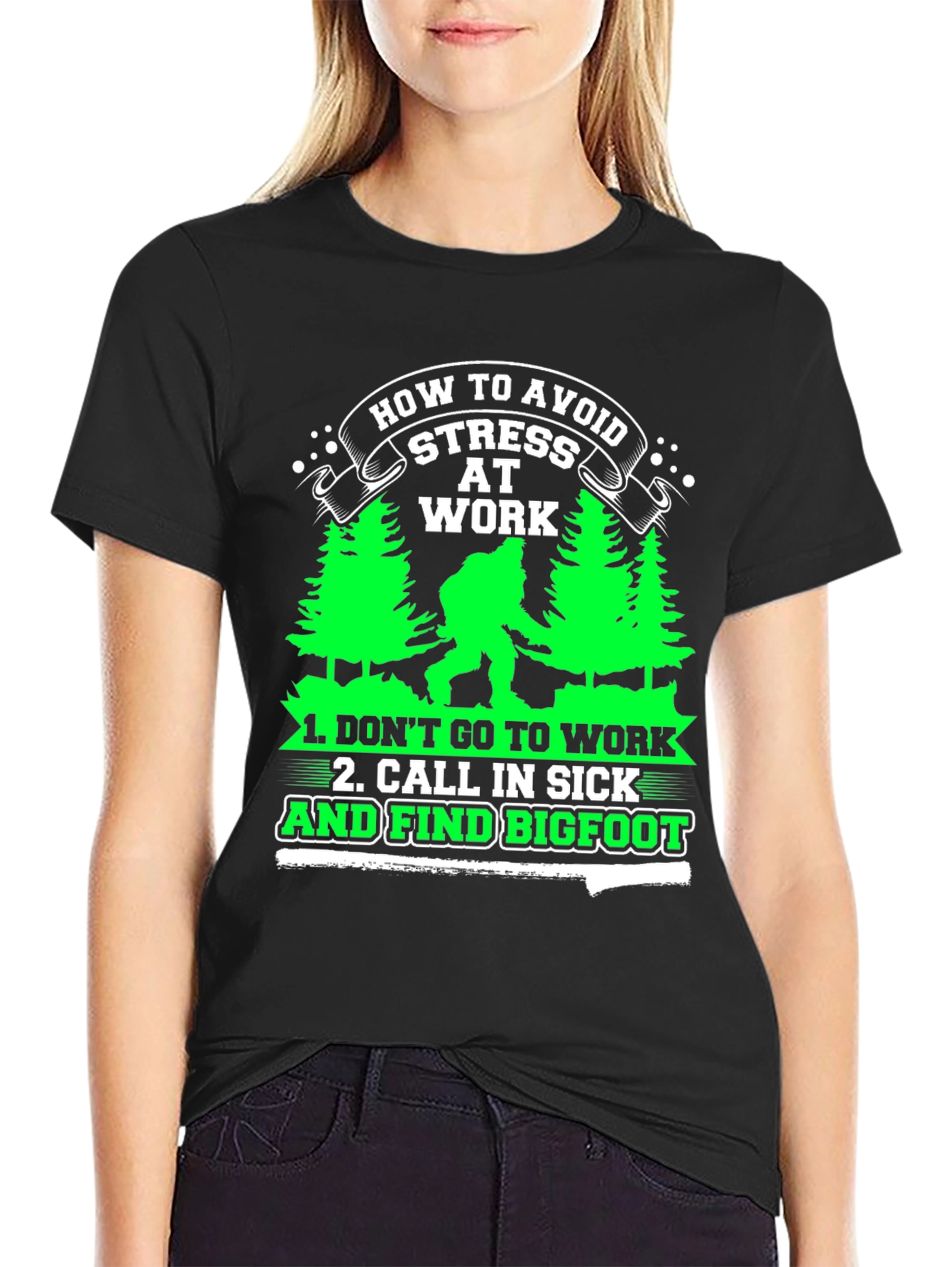 Black Avoid Stress at Work Bigfoot Graphic Tee view 2