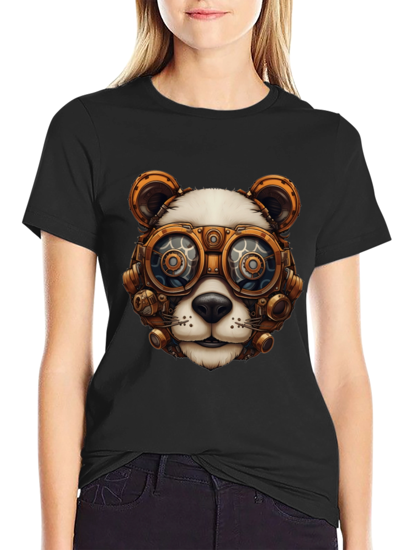 Black Steampunk Panda Graphic T-Shirt view 2