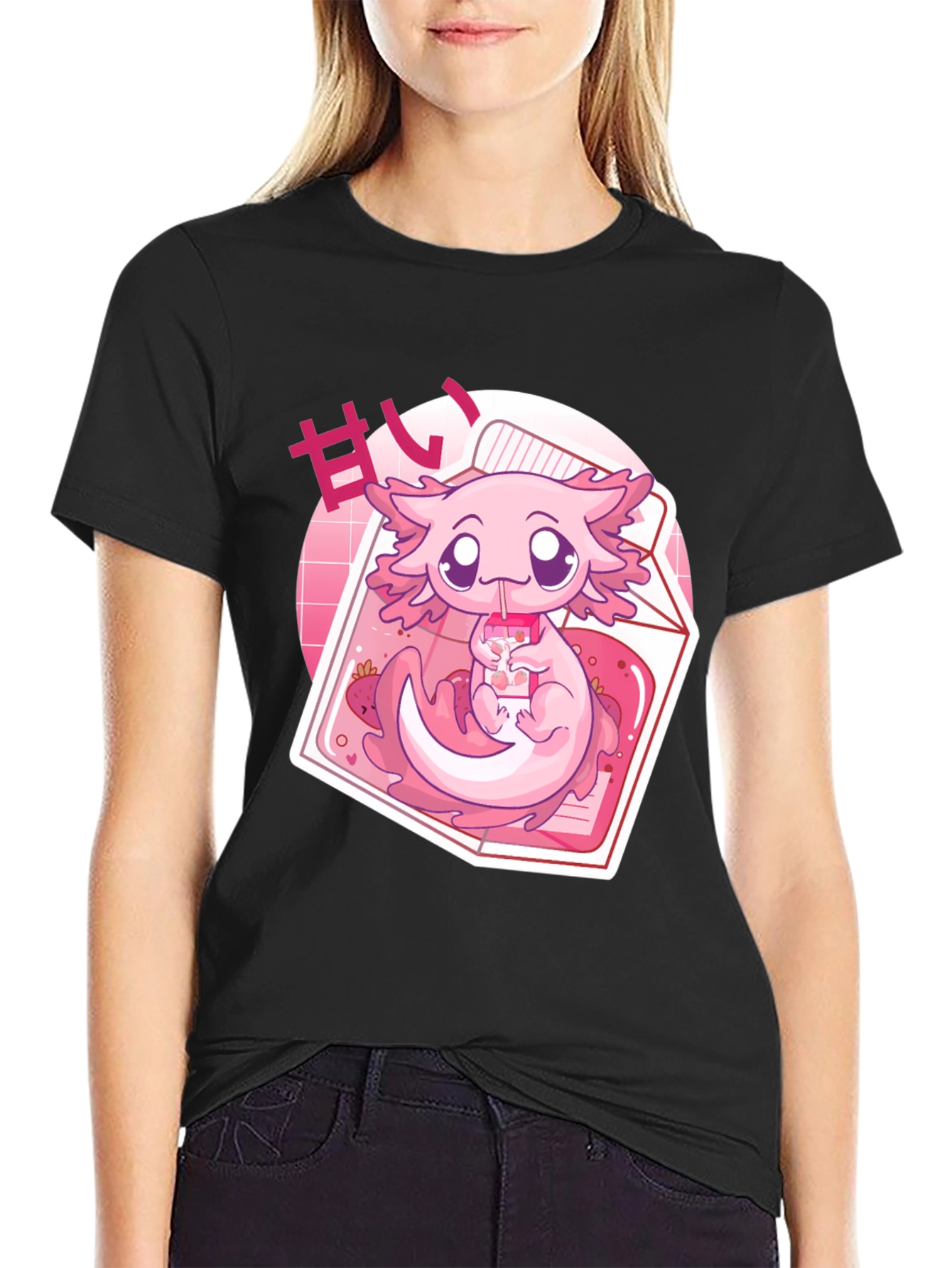 Black Cute Axolotl Kawaii T-Shirt view 2