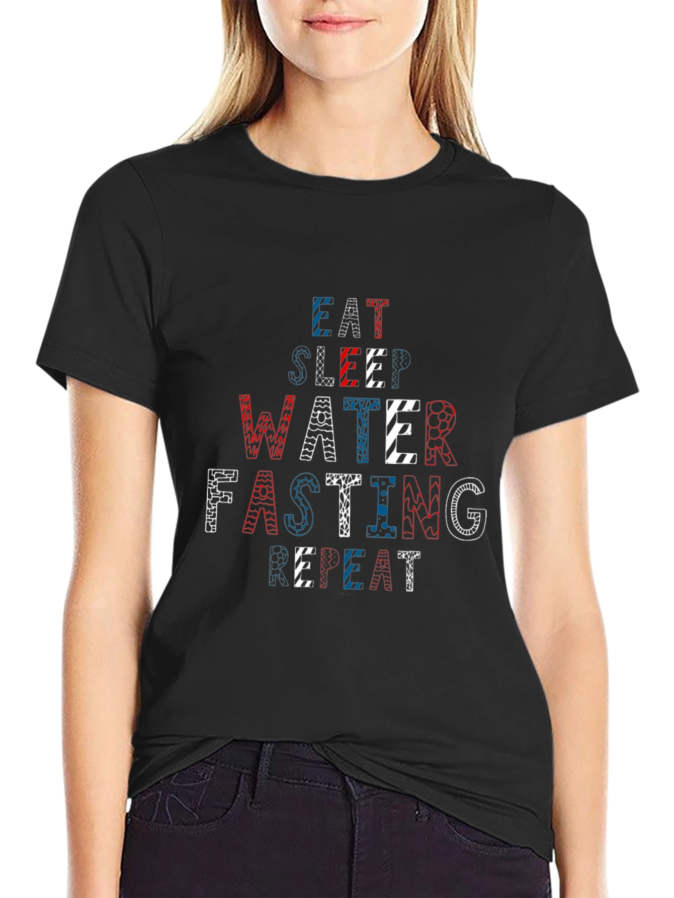 Black Eat Sleep Water Fasting Repeat Black T-Shirt view 2